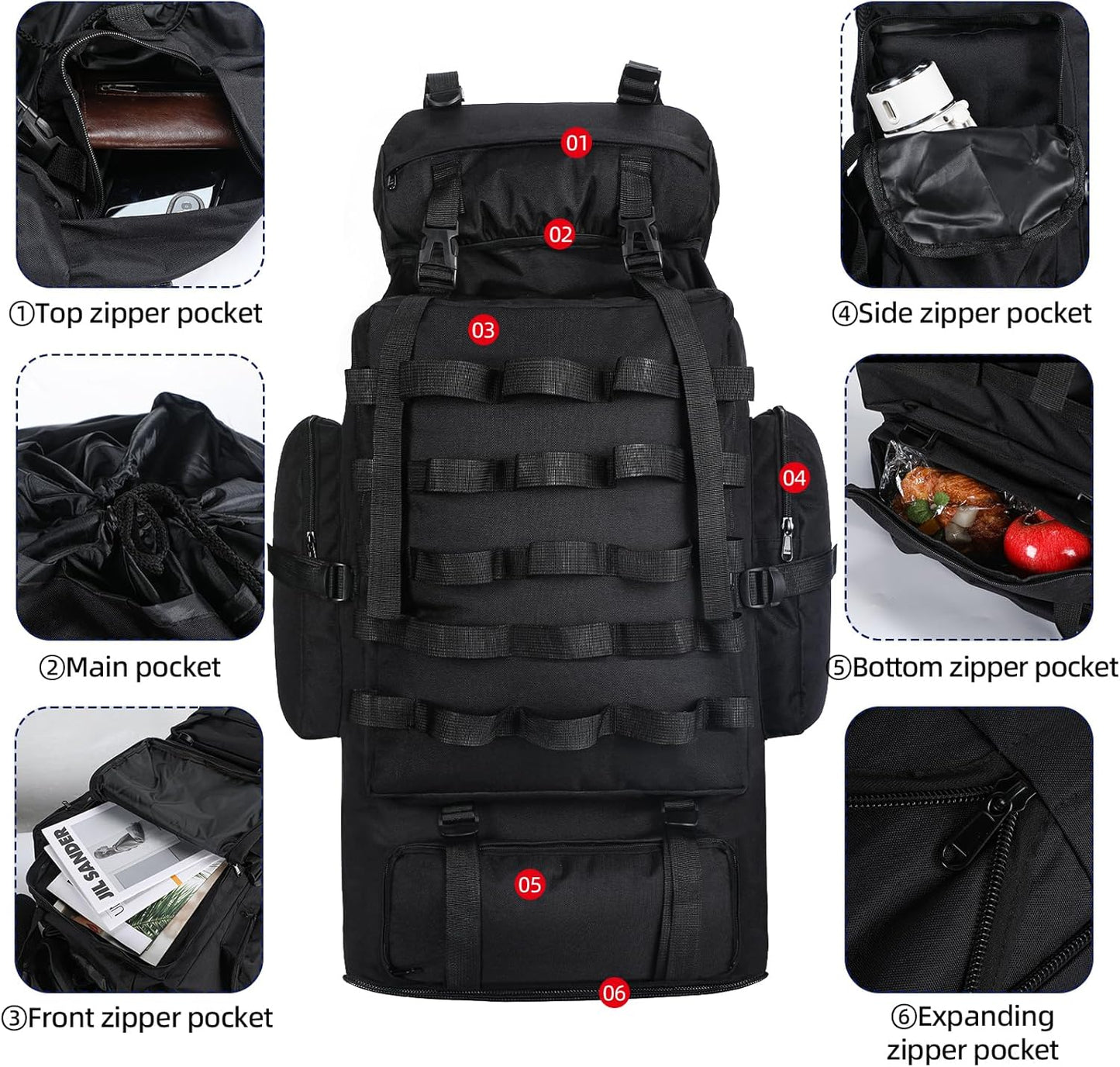 Expandable Large Military Tactical Backpack, Waterproof Molle Racksack Travel Backpacking Daypack