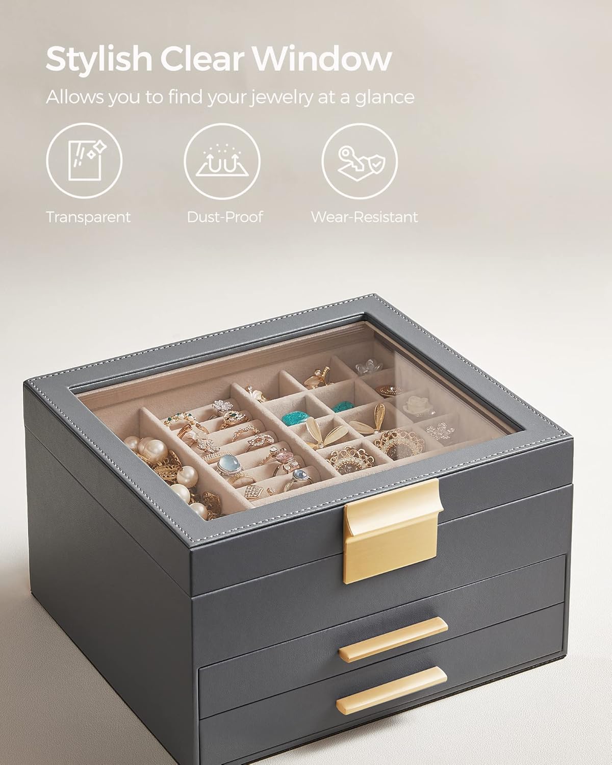 Jewelry Box Organizer with Glass Lid, 3-Layer Jewelry Storage, with 2 Drawers, Modern Style,Interstellar Gray and Gold Color