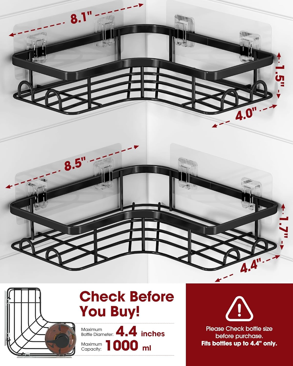 Corner Shower Caddy - 2 Pack, Adhesive Shower Organizers,  with 8 Hooks, No Drilling