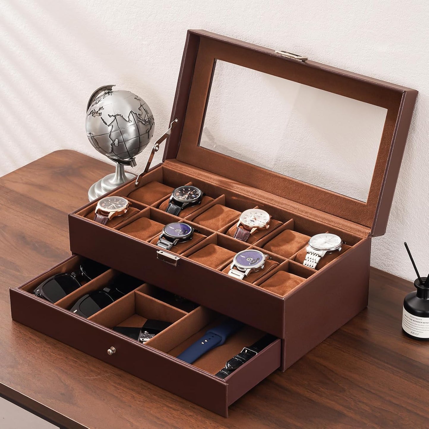 12 Slot Men Watch Case With Drawer, Watch Display Case With Glass Lid, 2-Layer Watch Holder Organizer