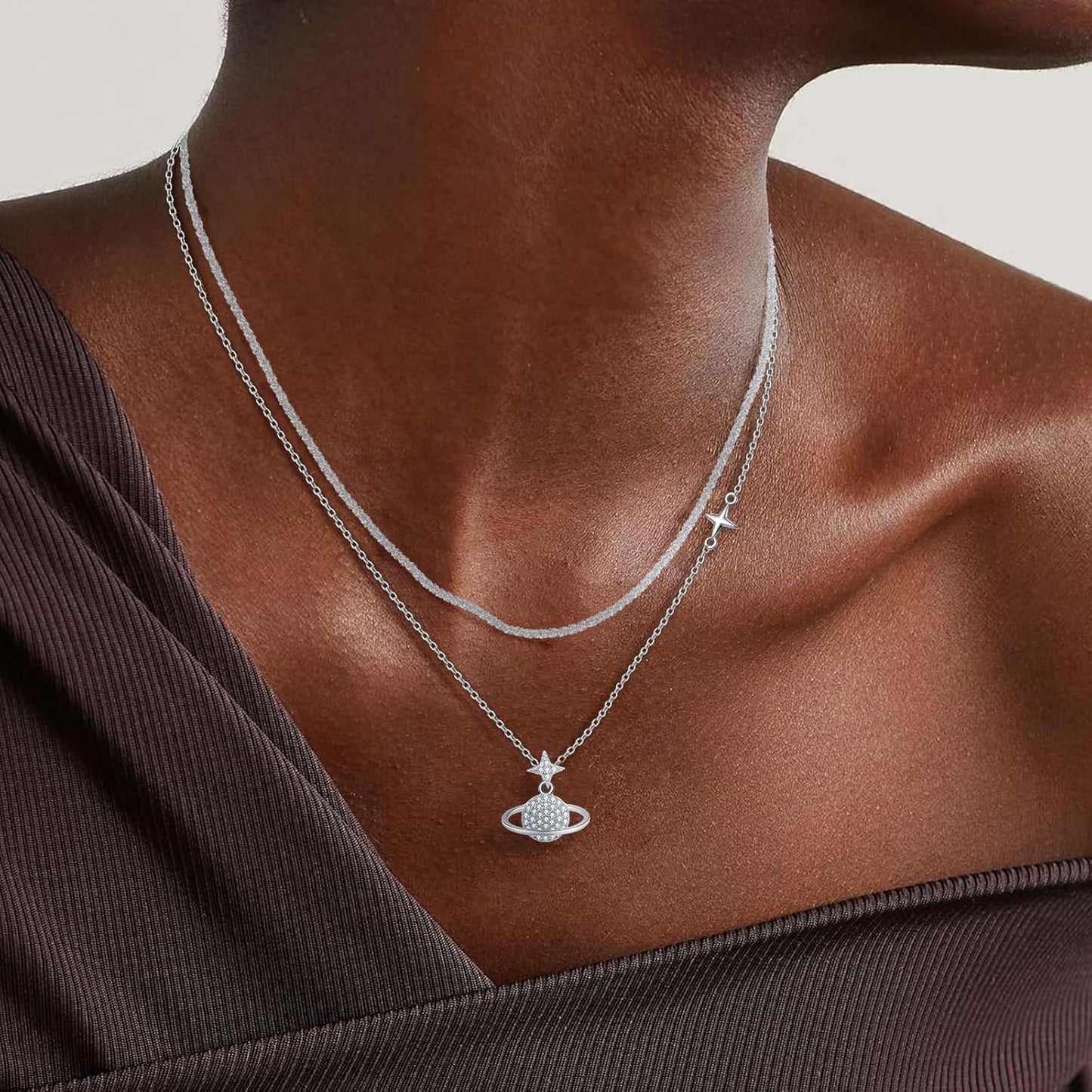 14K Gold & Platinum Plated Double Layer Pendant Necklace, Fashionable Layered Jewelry for Women