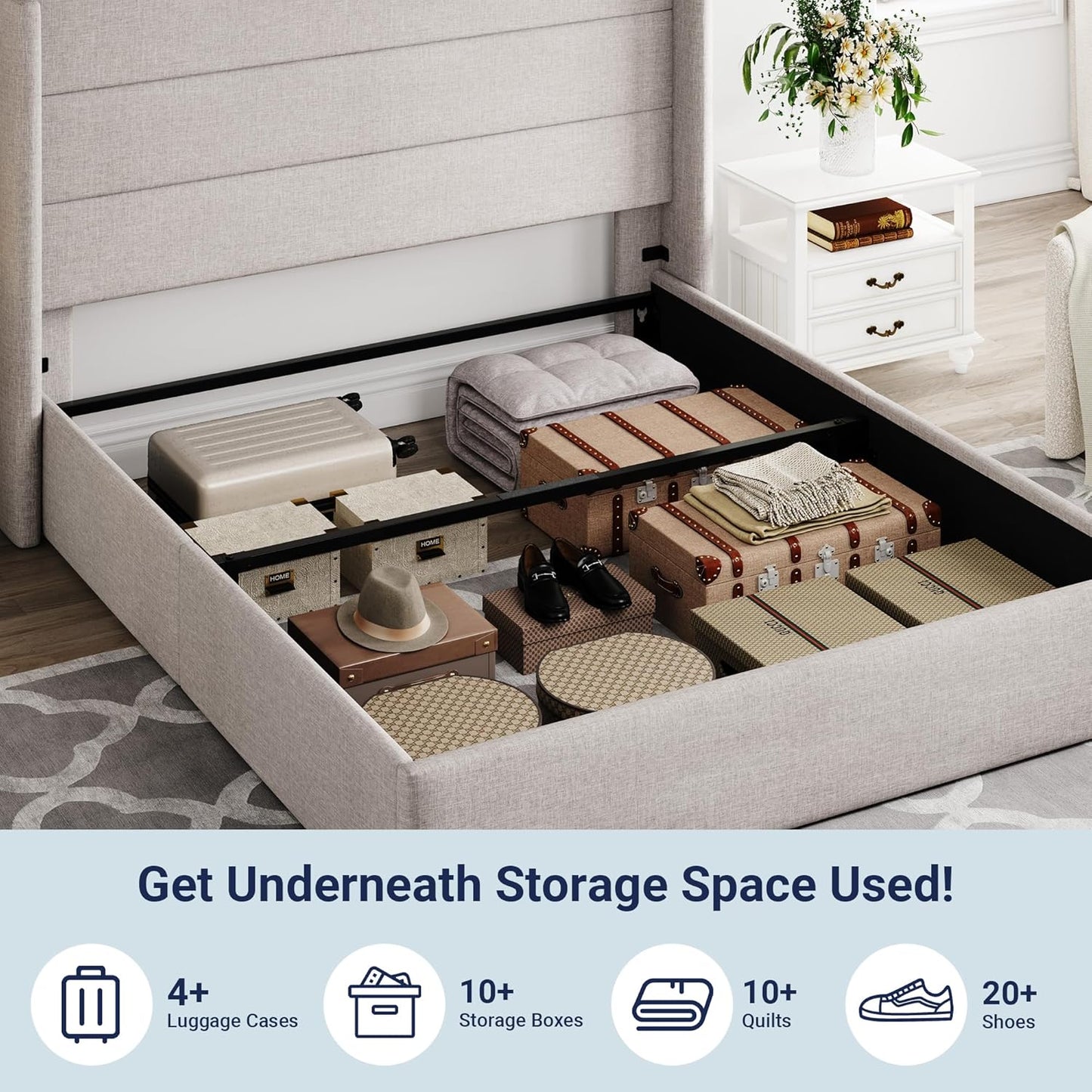 Queen Size Lift Up Storage Bed, Modern Wingback Headboard, Hydraulic Support, No Box Spring Needed