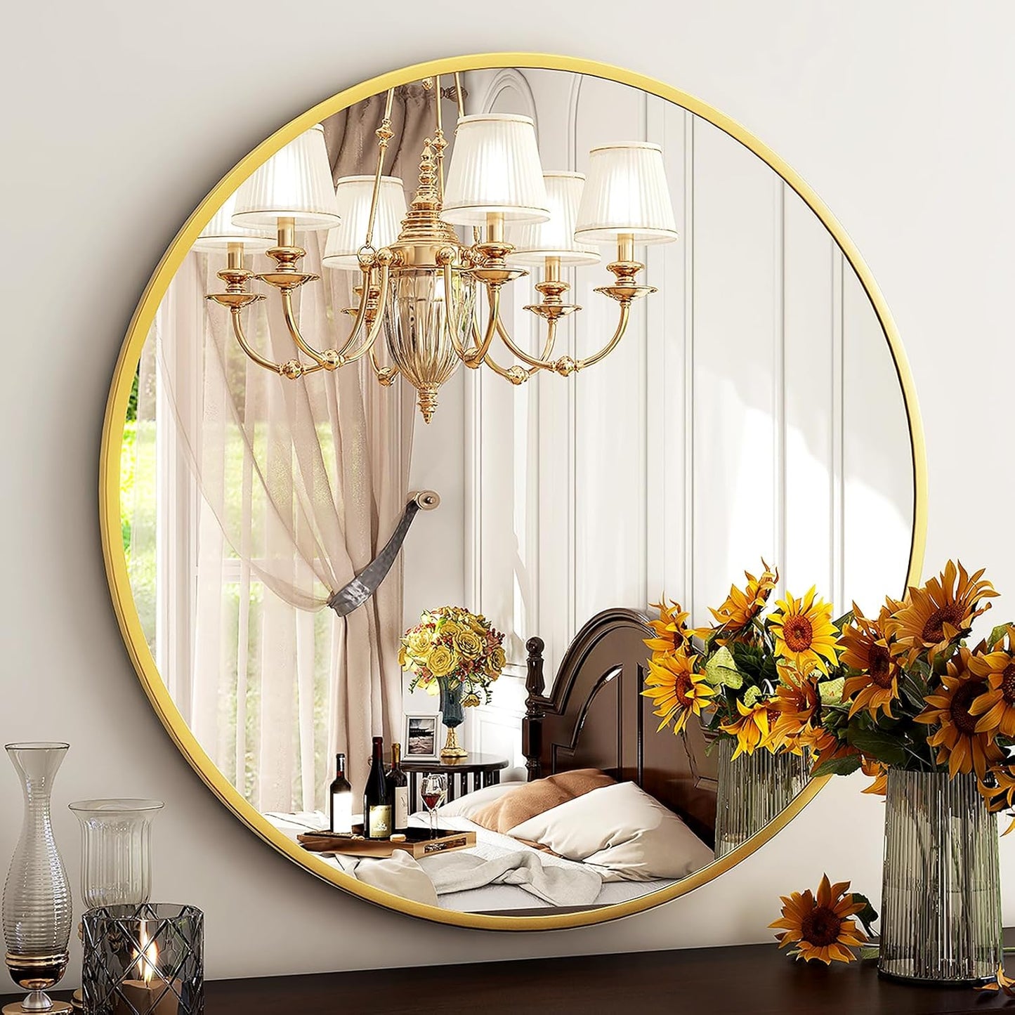 Round Mirror 30 Gold Wall Mirrors Vanity Mirror with Brushed Aluminum Alloy Frame Modern