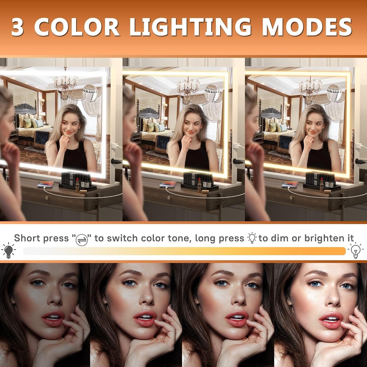 23" x 18" LED Makeup Mirror, Lighted Makeup Mirror with Dimmable 3 Modes, Square White