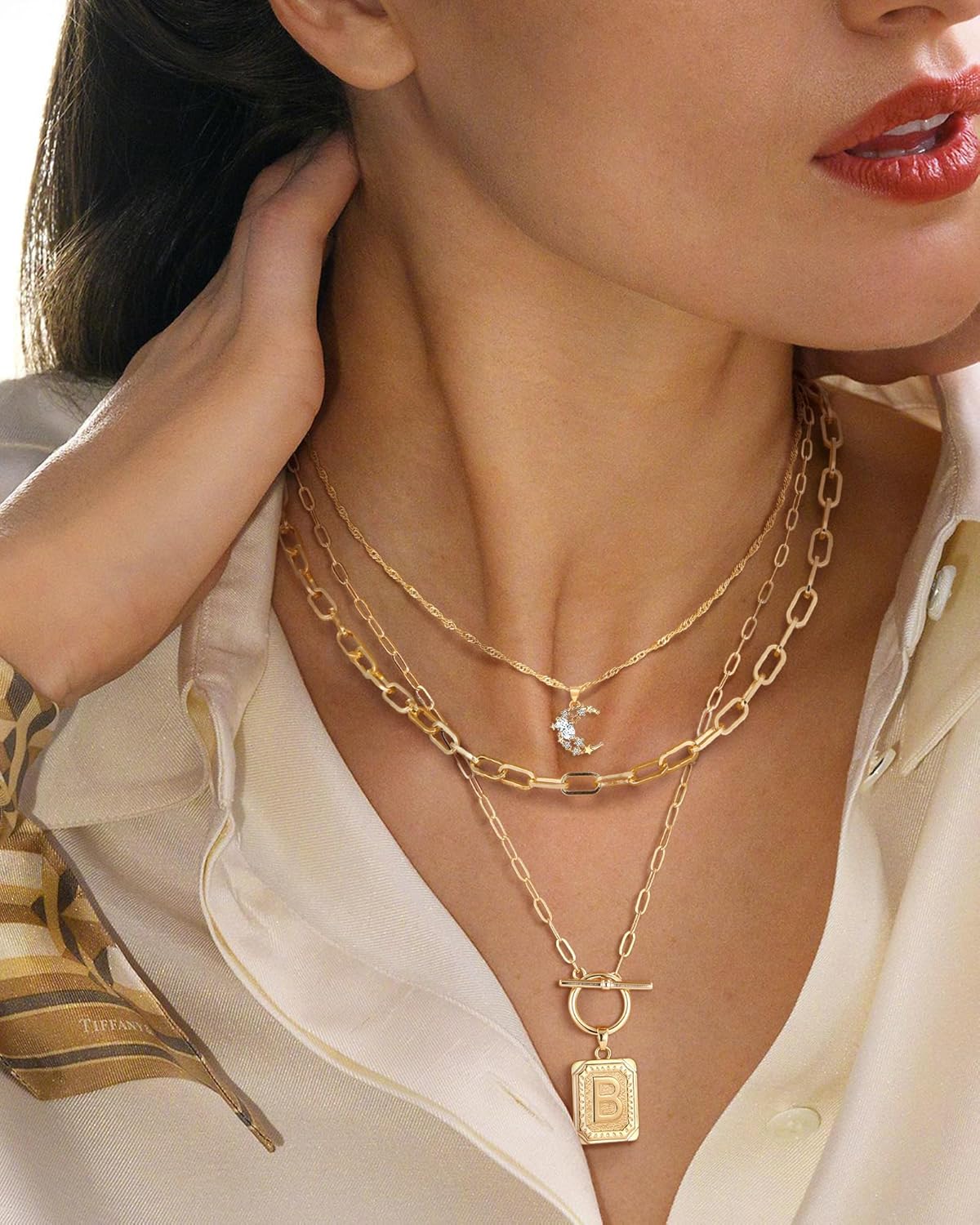Custom Initial Moon Necklace Set - 14K Gold Plated Layered Letter Choker Gift for Her