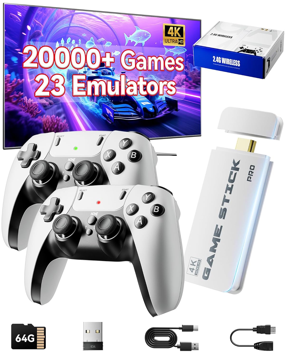 OMOMMD 2026 Upgraded Retro Gaming Console, Retro Game Stick, 4K HD HDMI TV Game Stick, Built-in Classic Video Games, Plug & Play Game Console for TV 2 Wireless Controllers (Black)