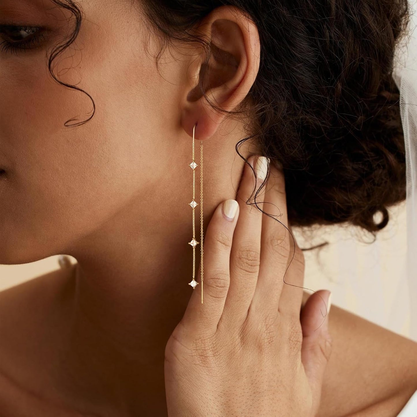 Dangle Threader Earrings for Women: Dainty 14k Gold Plated Drop Long Chain Earrings Trendy  Non Tarnish Elegant Cubic