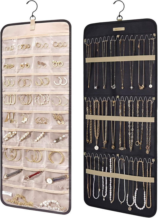 Jewelry Organizer Storage Roll with Hanger Metal Hooks Double, Necklaces, Rings on Closet, Wall, Door