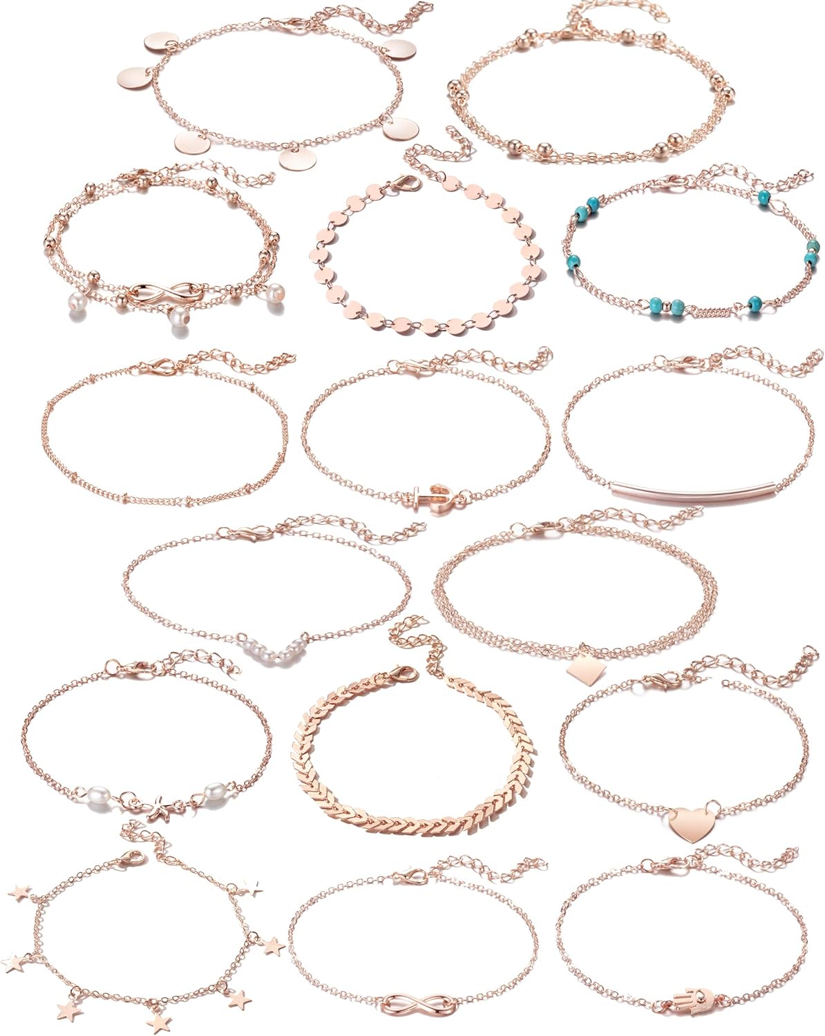 16 count Gold Silver Two Style Chain Beach Anklet Bracelet  Anklet Set,Adjustable Size