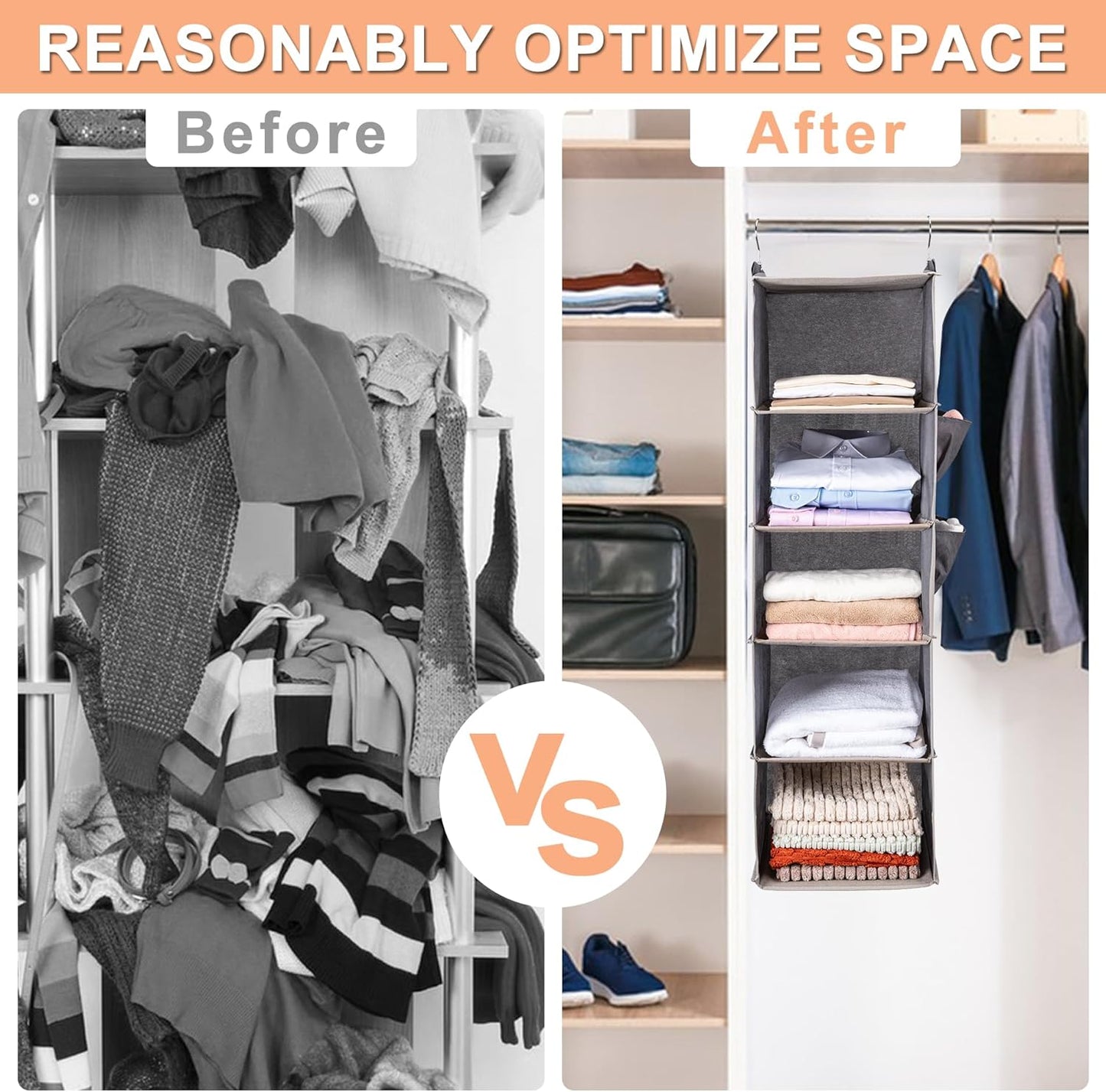 Hanging Closet Organize and Shelves，5-Hanging Shelf with 2 Side Pockets，Storage Foldable