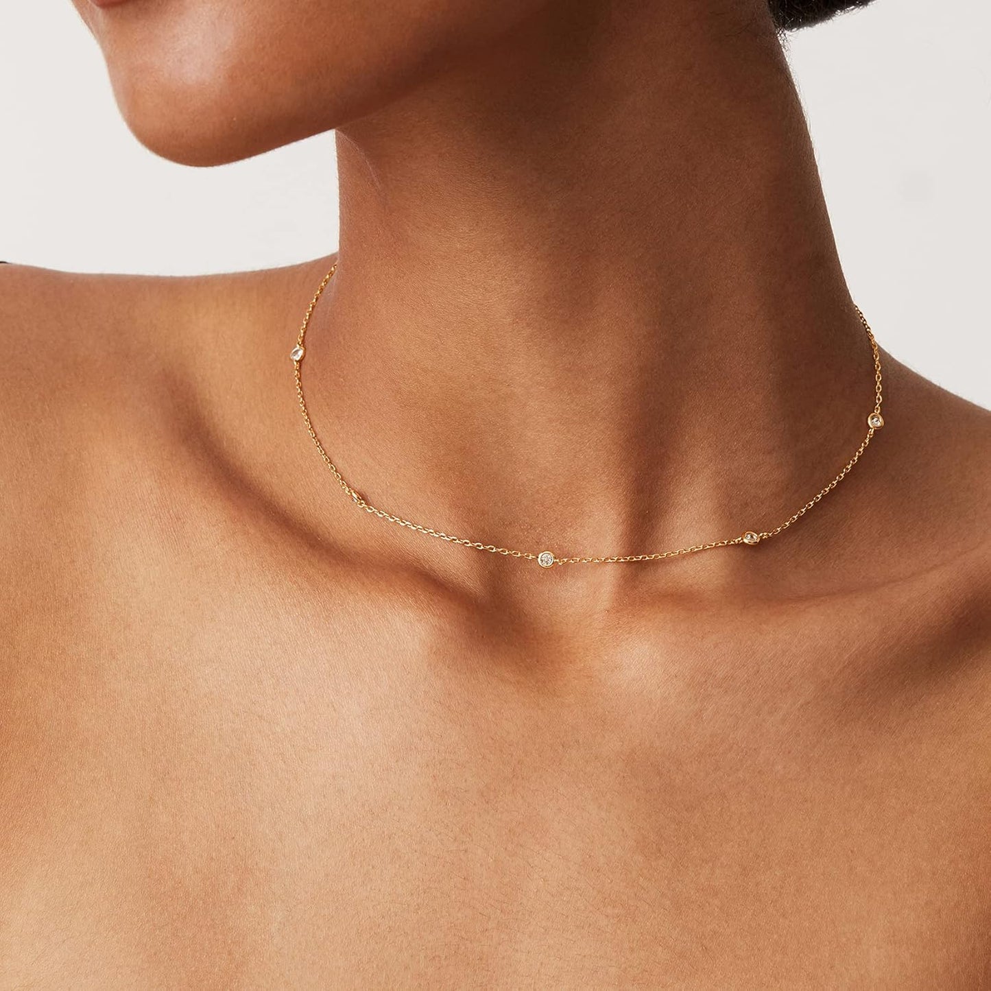 14K Gold Plated Station Necklace - Simulated Diamond BTY Layering Necklaces - Womens CZ Chain