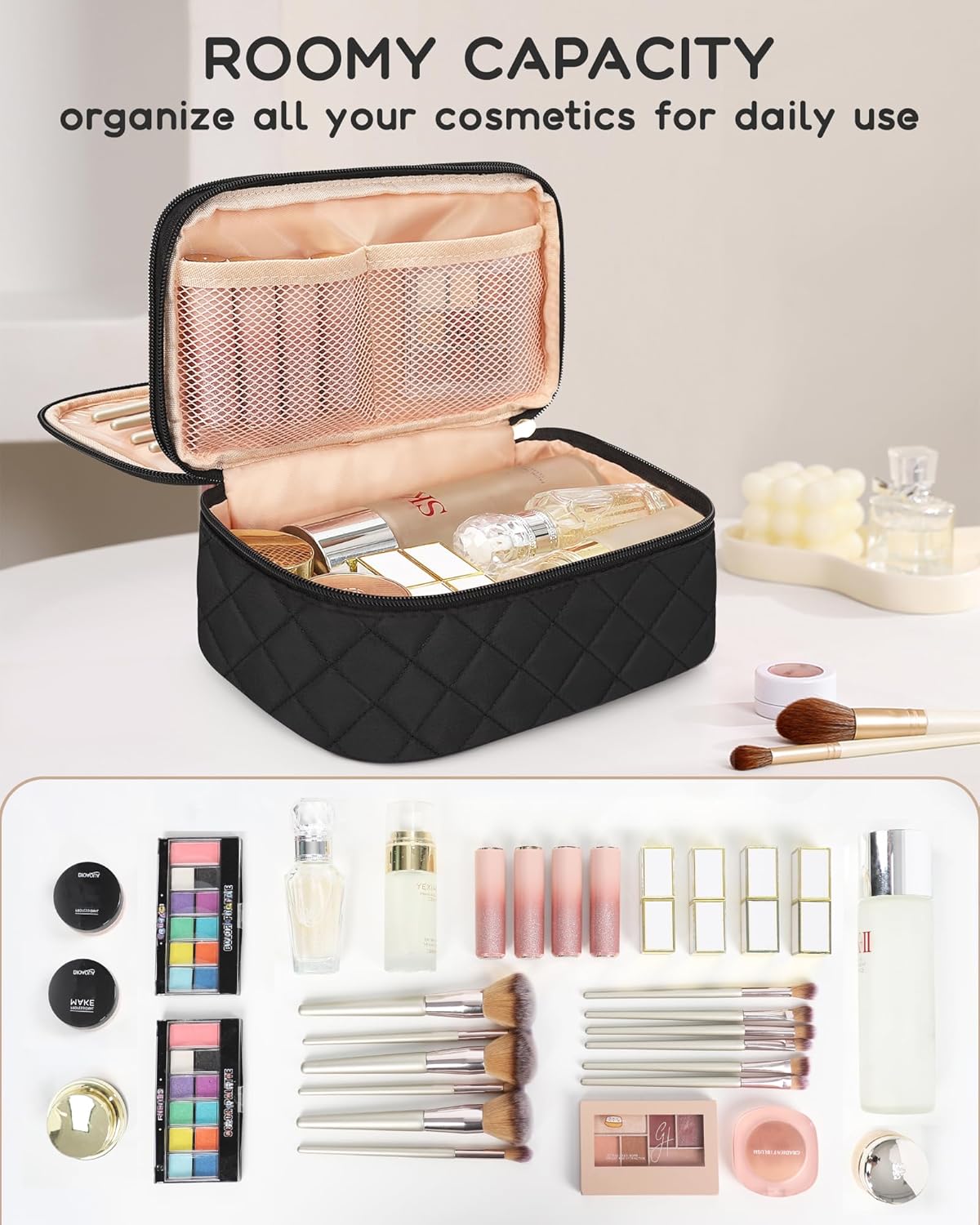Small Makeup Bag for Women, Travel Cosmetic Bag, 2 Layers Waterproof Makeup Organizer Storage