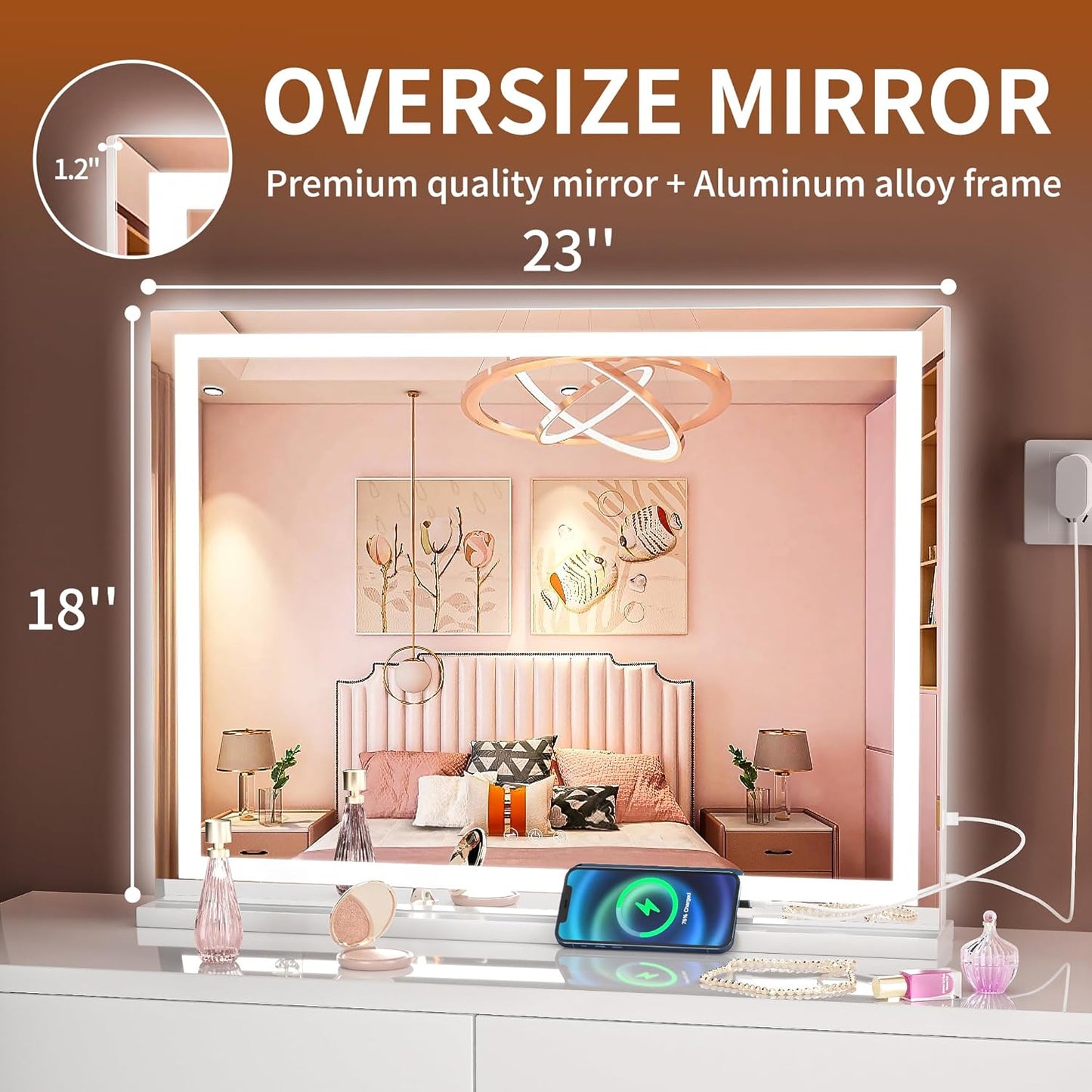 23" x 18" LED Makeup Mirror, Lighted Makeup Mirror with Dimmable 3 Modes, Square White