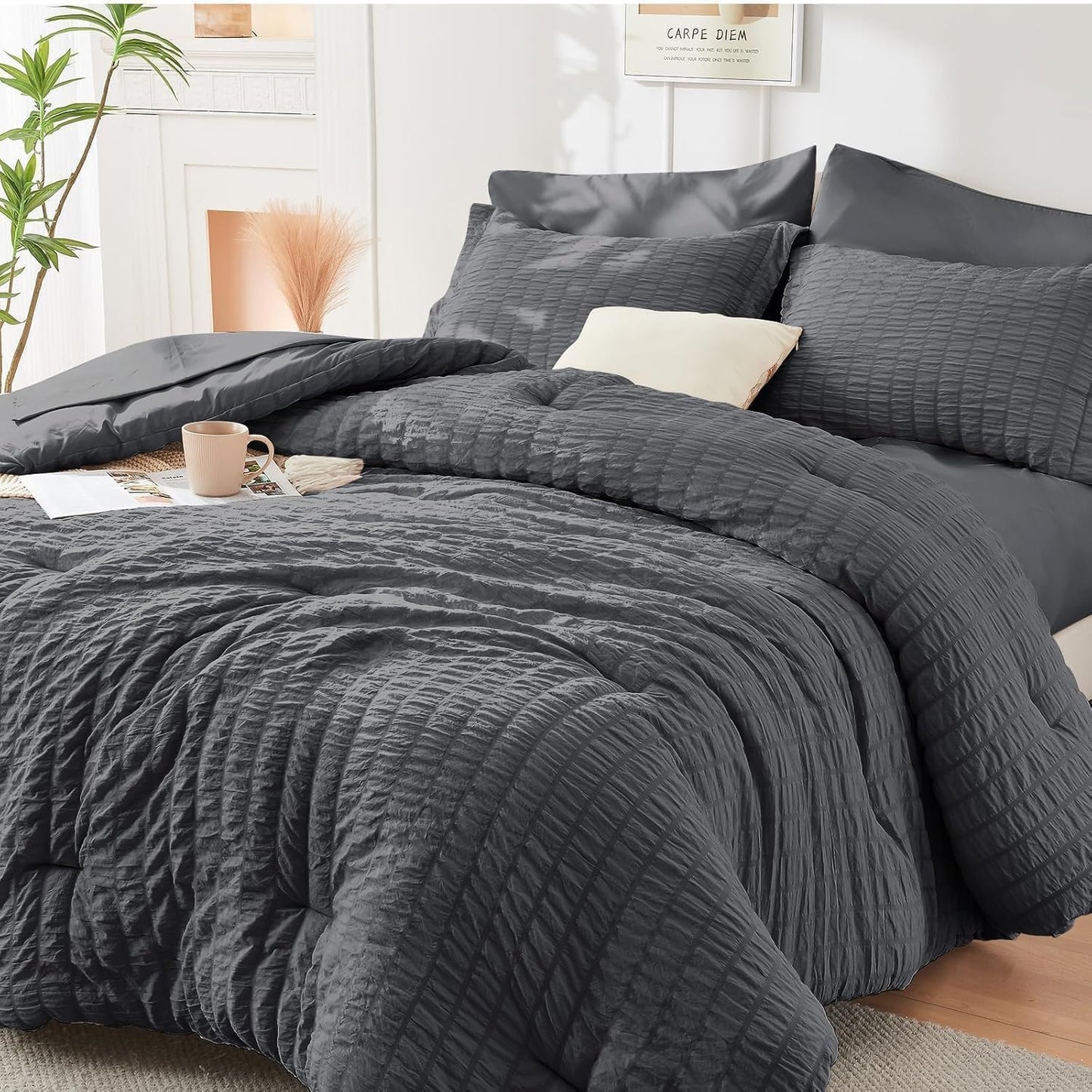 Queen Comforter Set Seersucker 7 count, All Season Luxury Bed in a Bag for Bedroom