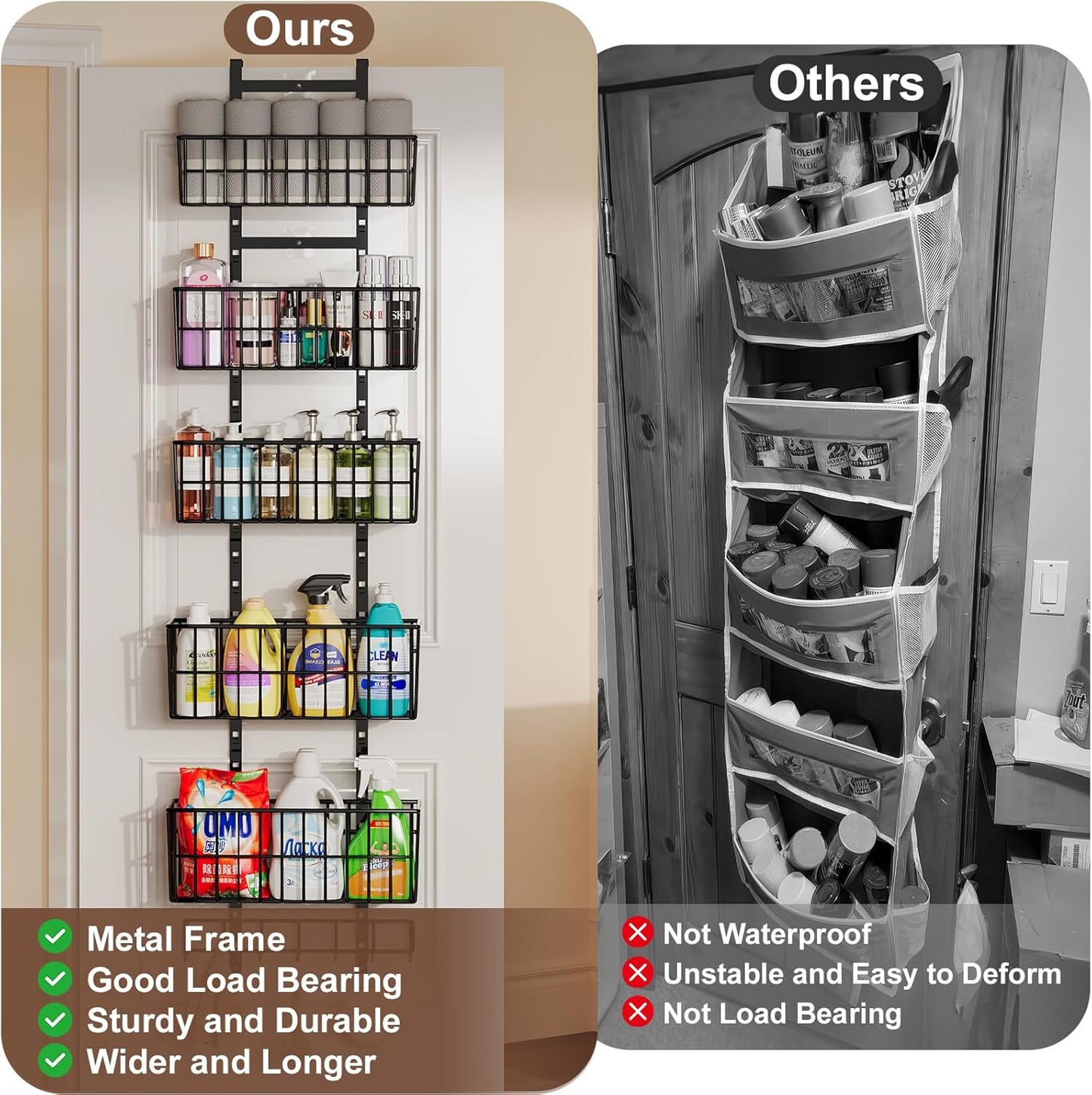 Adjustable Over The Door Organizer, Metal Hanging Door Organizer with 5 Wire Basket 7 Hooks