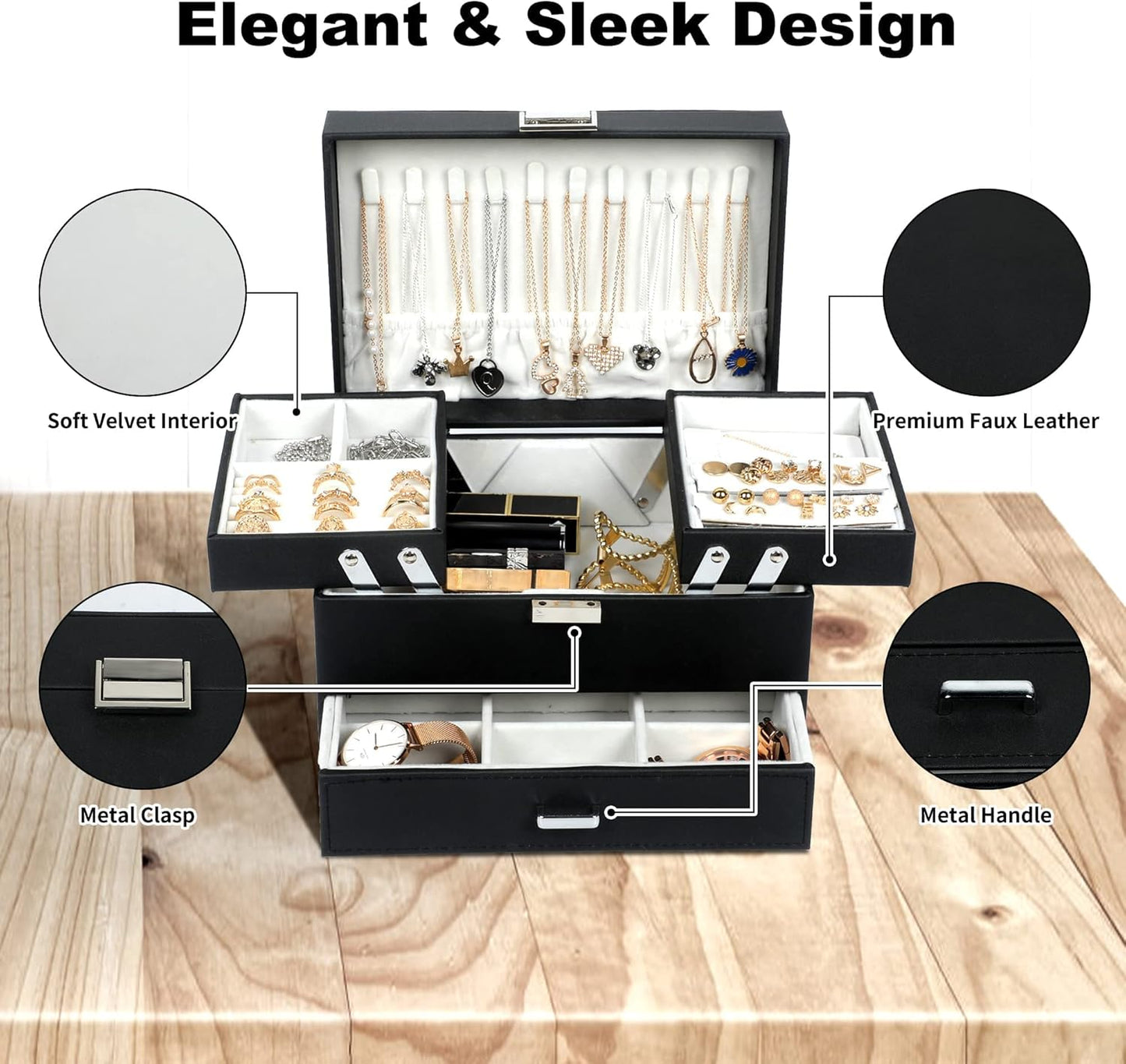 Jewelry Boxes for Women Girls, 3 Layers Jewelry Storage Organizer for Earring, Ring, Necklace, Bracelets
