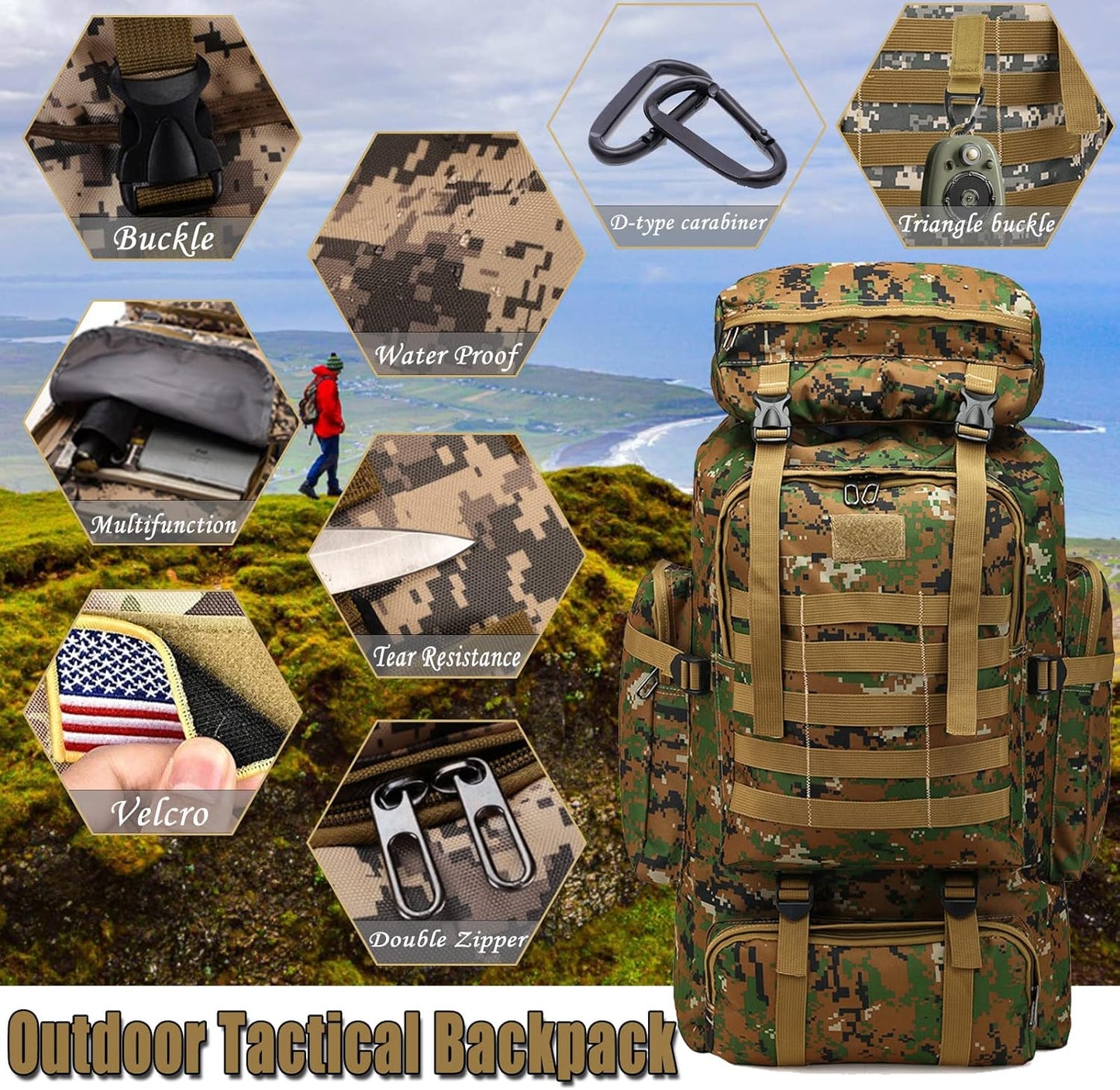 70L Hiking Backpack for Men, Waterproof Lightweight Camping Backpack, Military Rucksack with Molle