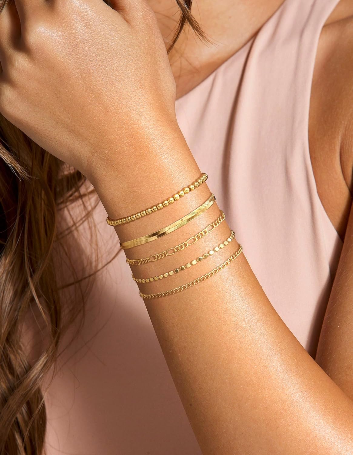 Gold Bracelets for Women Waterproof, 14K Real Gold Jewelry Sets Trendy Thin Dainty Stackable Cuban Link