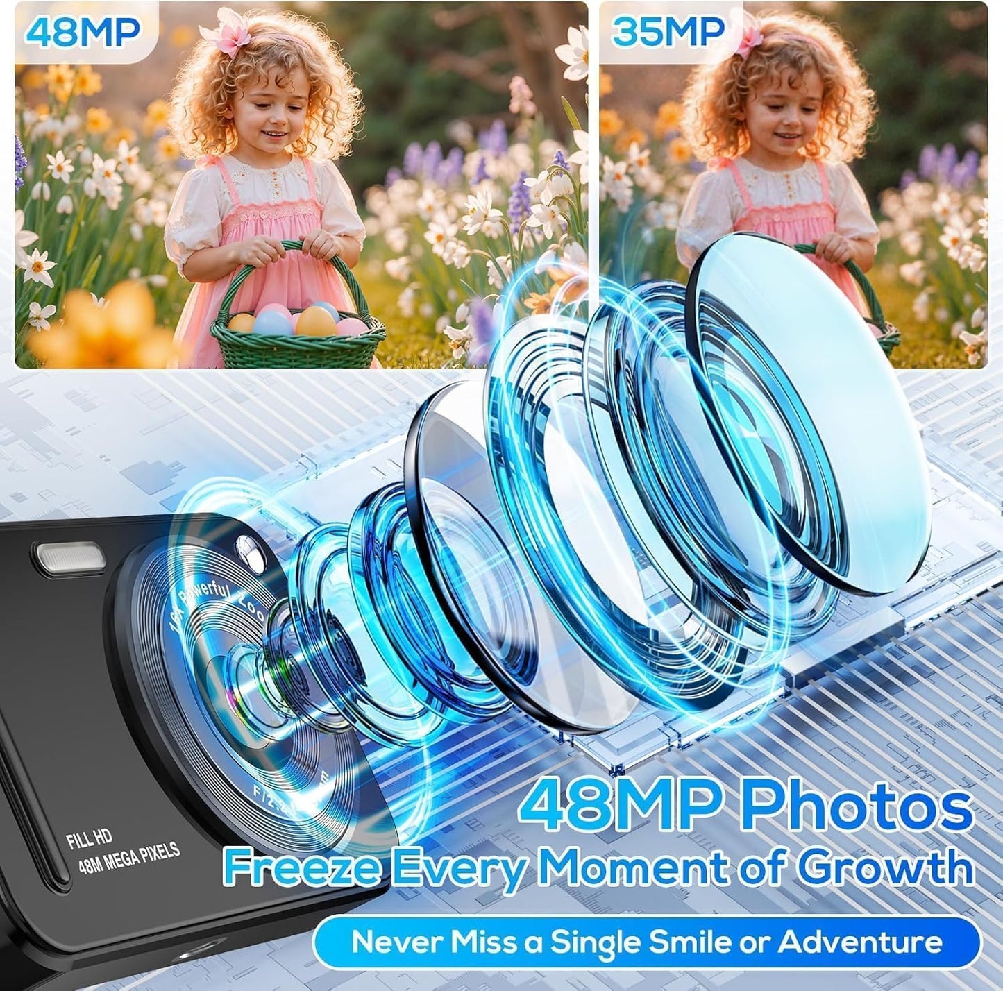 OMOMMD Digital Camera for Kids, 48MP FHD 1080P Point and Shoot Digital Cameras with 16X Zoom Anti-Shake, Compact Portable Cameras for Photography, for Boys Girls Teens Beginners-Black