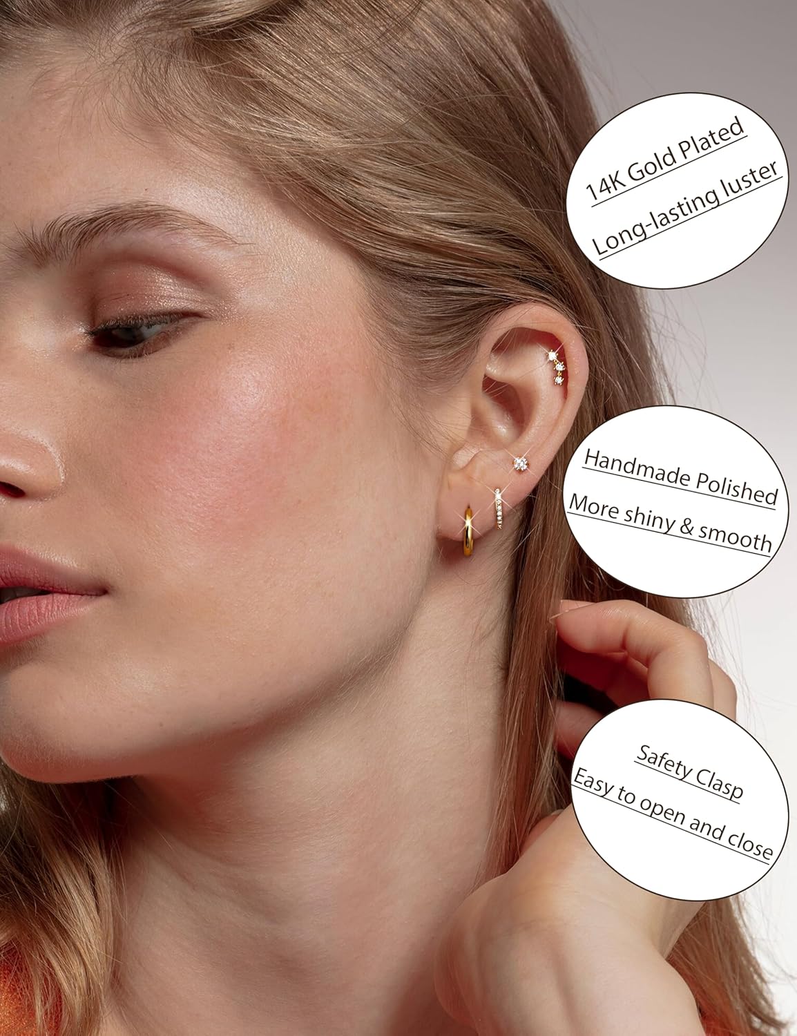 Small Stud Hoop Earrings for Women - 7 Pairs Hypoallergenic 14K Gold Plated Huggie Earring Sets for Multiple Piercing