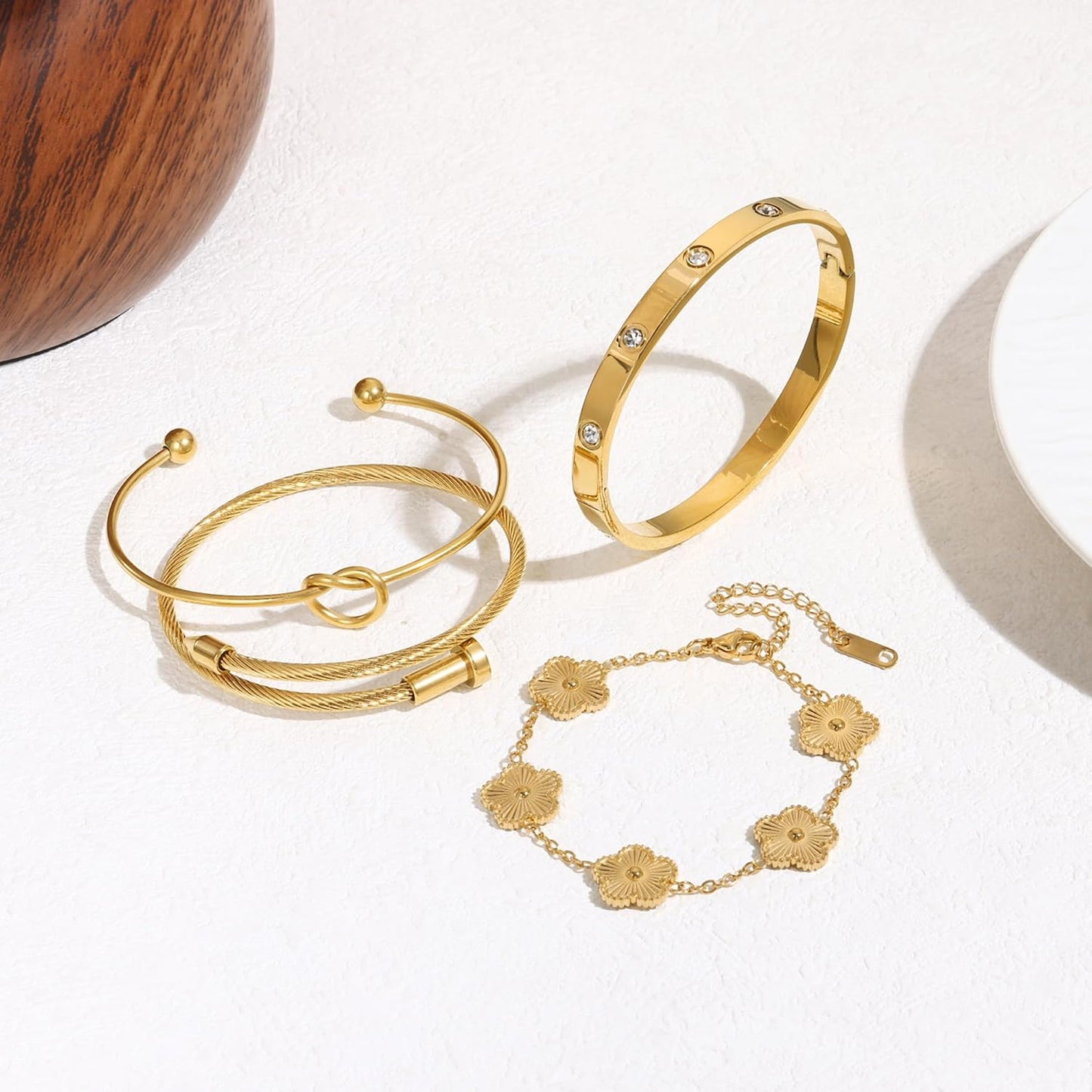 Womens 4Pcs Stackable Floral Gold Bracelets Stainless Steel Bangle Bracelets Non Tarnish Silver Set