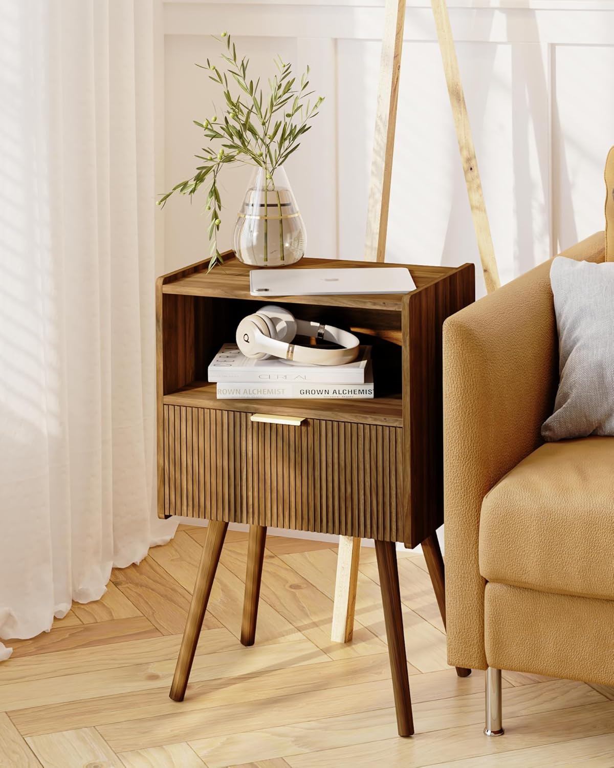 Nightstand, with Storage Drawer and Open Wood Shelf,  Accent Night Stand Easy Assembly