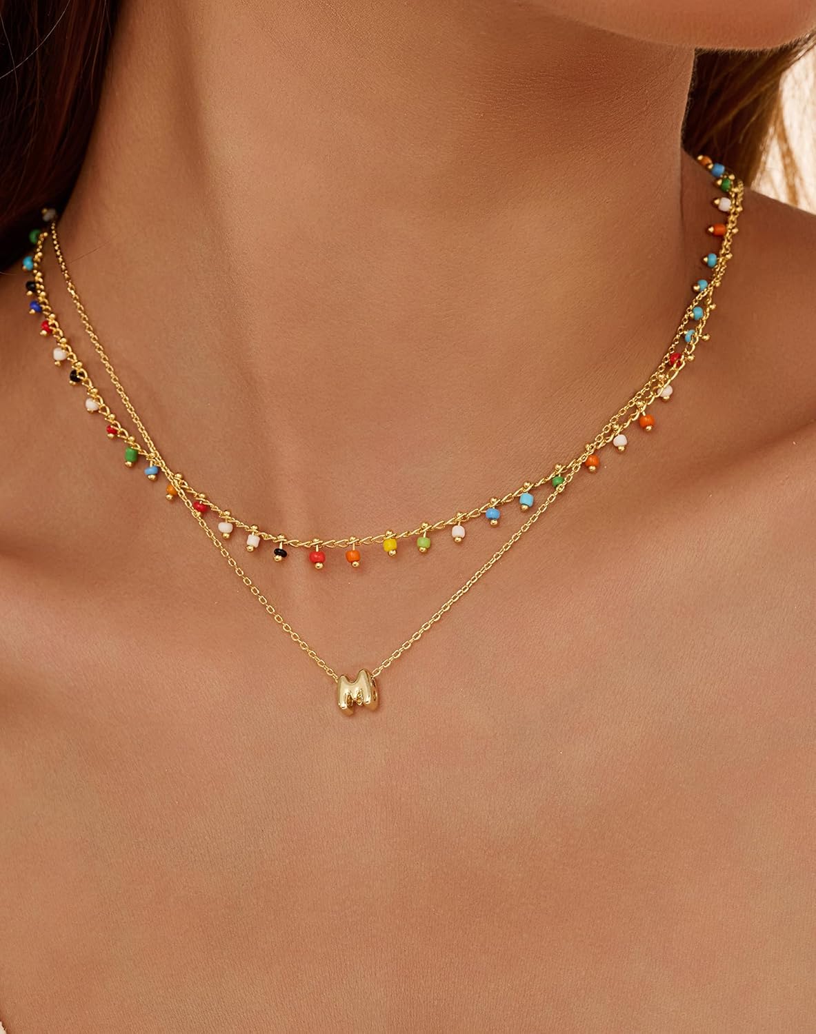 Colorful Bead Layered Initial Necklace for Women - Dainty Letter Choker, Personalized Beach Jewelry Gift