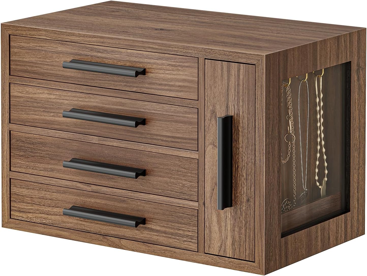 4-Layer Jewelry Organizer Box, Wooden Jewelry Organizer with Transparent Window