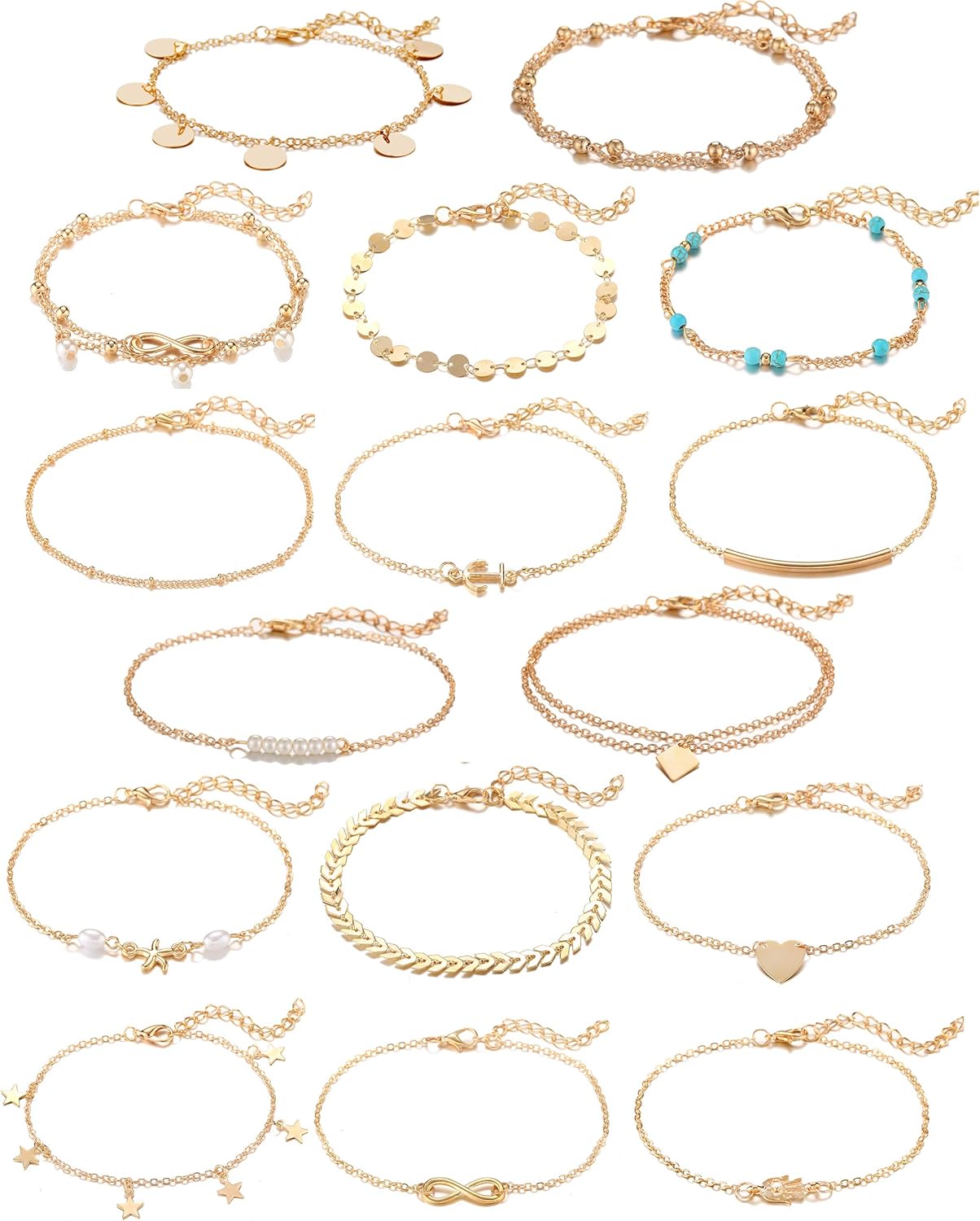 16 count Gold Silver Two Style Chain Beach Anklet Bracelet  Anklet Set,Adjustable Size