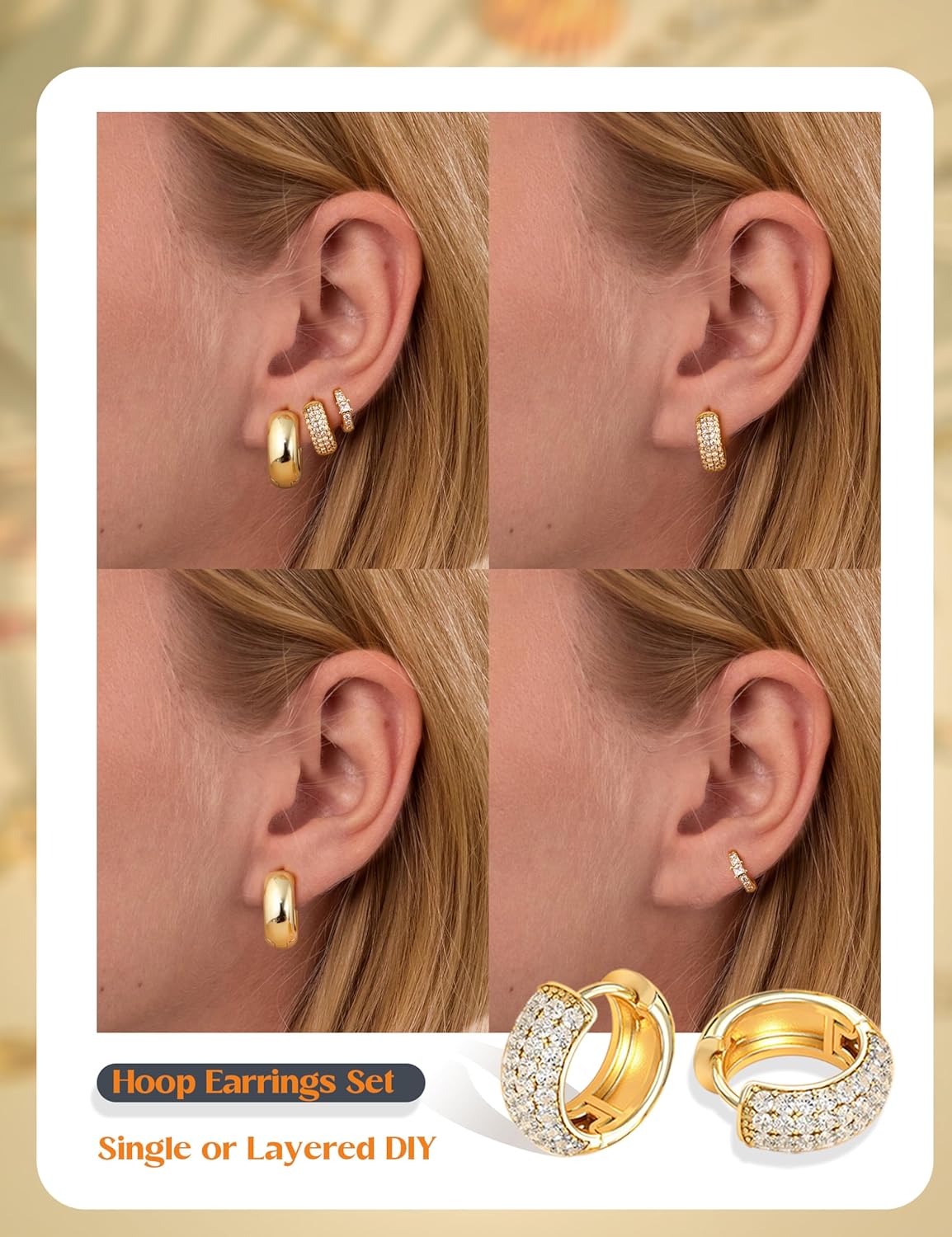 Chunky Gold Hoop Earrings for Women Non Tarnish 14K Gold Filled Huggie Hoop Earring Stacks for Multiple Piercing Lightweight 3Pairs