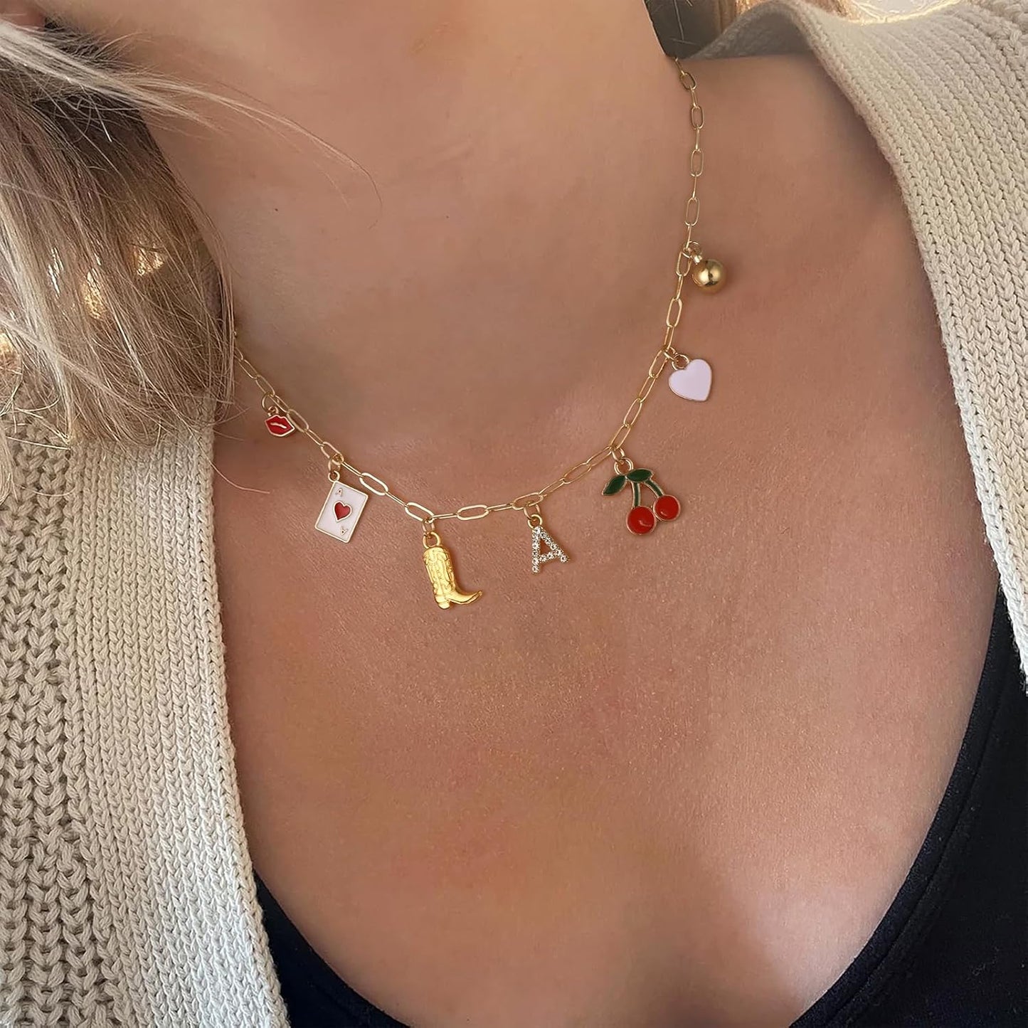 Initial Cowgirl Charm Necklaces for Women,14K Gold Plated Dainty Western Cherry Heart Necklace Beach Choker Personalized Monogram Name Necklace