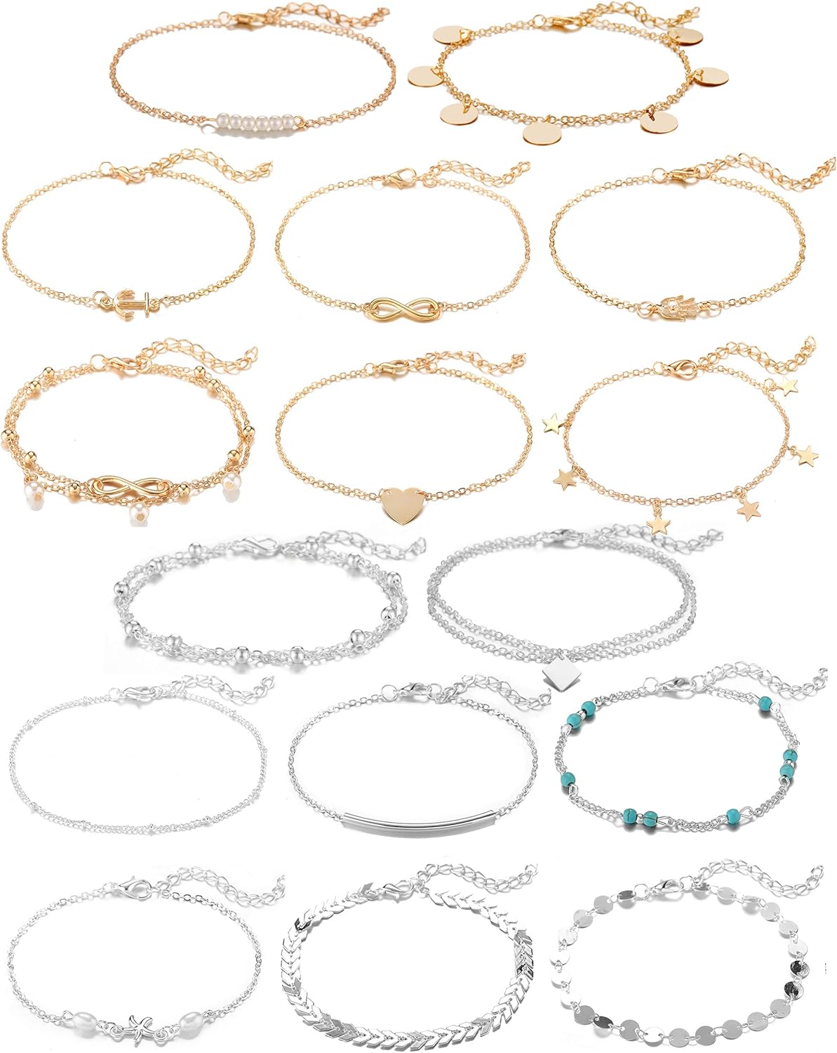 16 count Gold Silver Two Style Chain Beach Anklet Bracelet  Anklet Set,Adjustable Size
