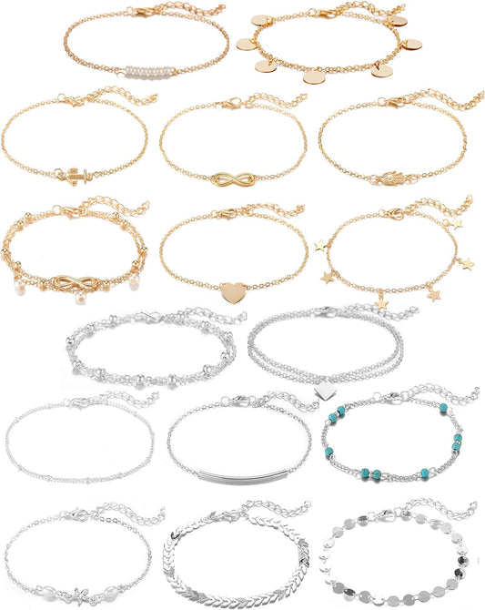 16 count Gold Silver Two Style Chain Beach Anklet Bracelet  Anklet Set,Adjustable Size