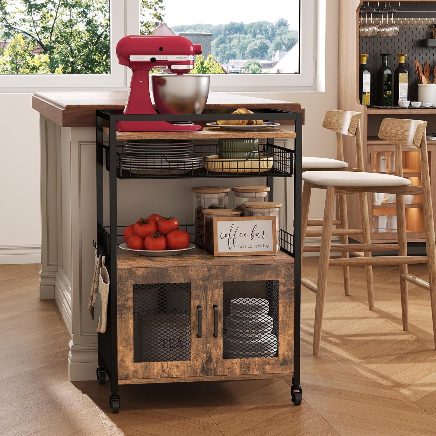 3 Tier Coffee Station Table on Wheels, 35.9" H Bar Cart with Wire Basket Drawer & 5 Hooks for Home Kitchen