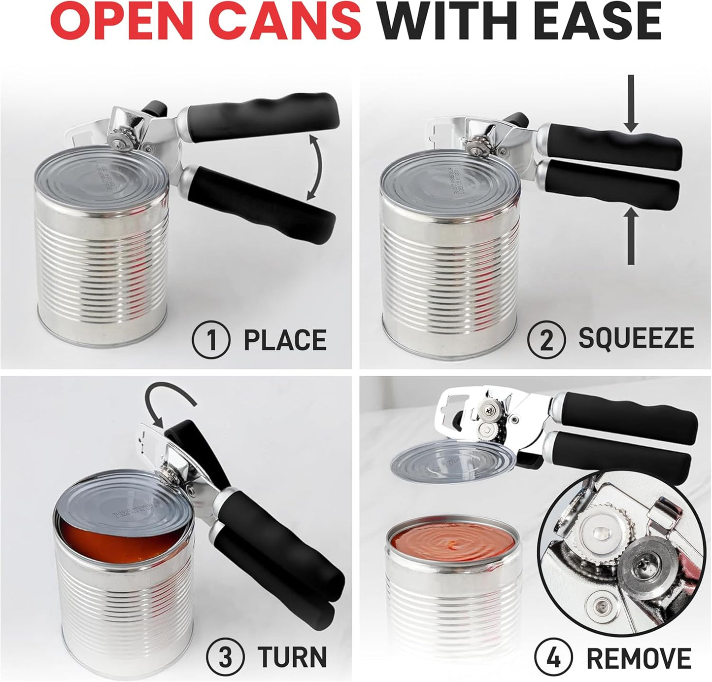 with Bottle Opener - Rust Proof Manual Can Opener With Turn Knob & Comfy Soft Grip Handles
