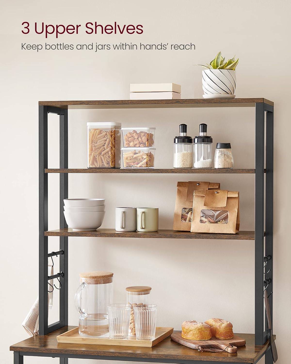 Coffee Bar, 31.5 Inches Baker's Rack for Kitchen with Storage, 6-Tier Kitchen Shelves with 6 Hooks, Microwave Stand