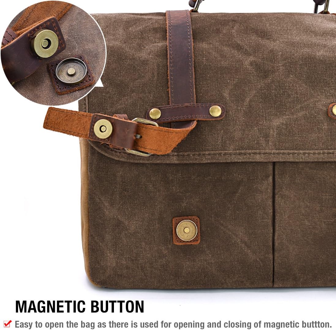 15.6 Inch Mens Messenger Bag Waterproof Vintage Genuine Leather Waxed Canvas Briefcase Large Leather Computer