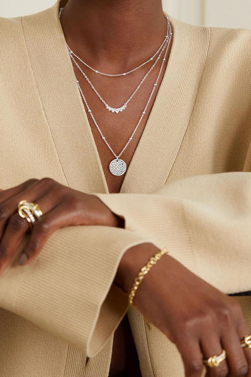 "Layered Sterling Silver Necklace Set for Women, 14K Gold Plated Stackable Choker with Disc Pendant, Dainty Trendy Jewelry"