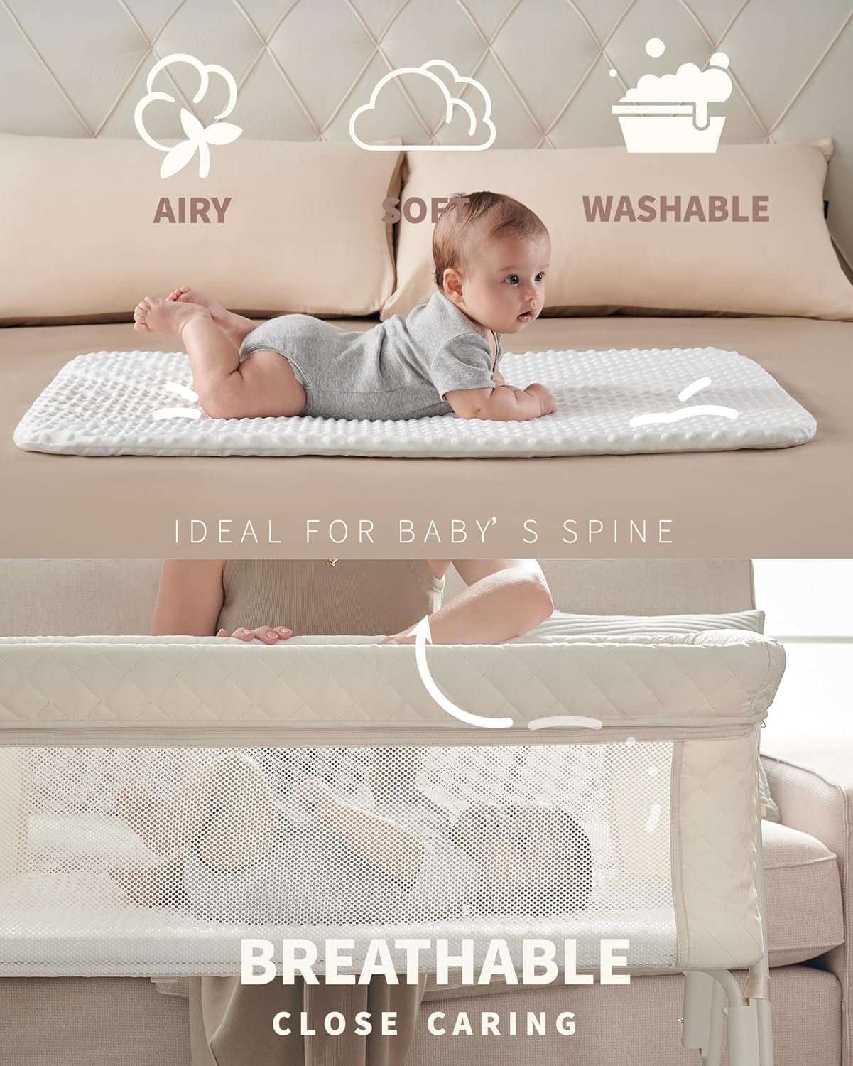 Bassinet Bedside Sleeper,  Baby Sleeper with 4 Auto-Lock & Adjustable Height, Breathable Mesh & Mattress