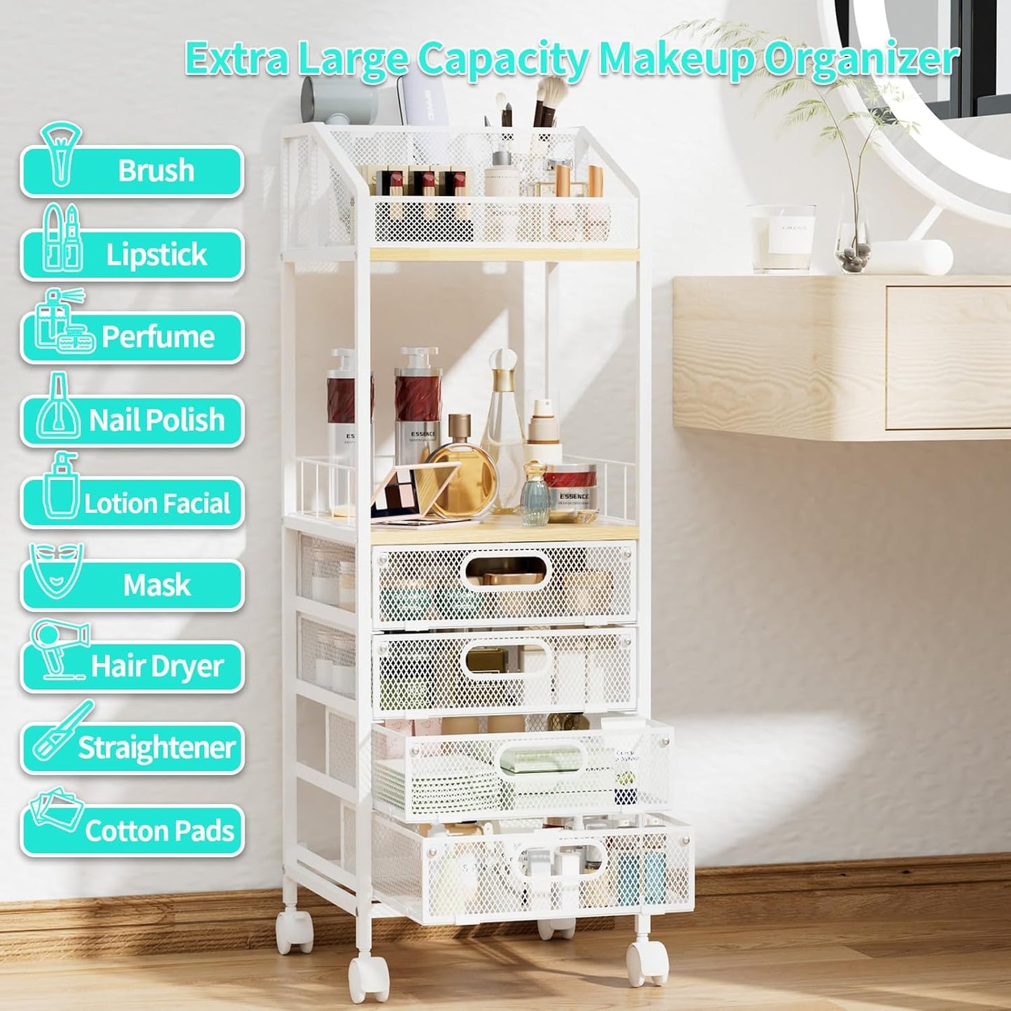 Makeup Organizer Storage Cart - Floor Skincare Make Up Storage with 4 Drawers, Rolling Makeup