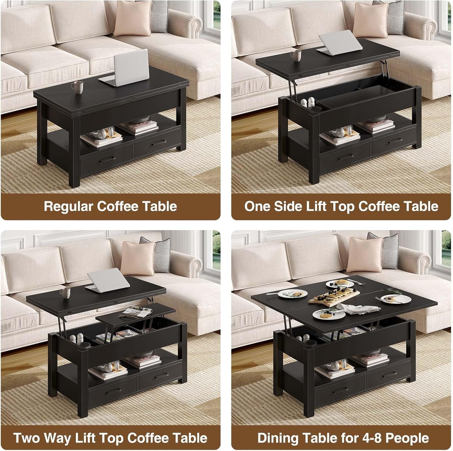 Coffee Table Lift Top, Multi-Function Convertible  with Drawers and Hidden Compartment, Converts to Dining Table