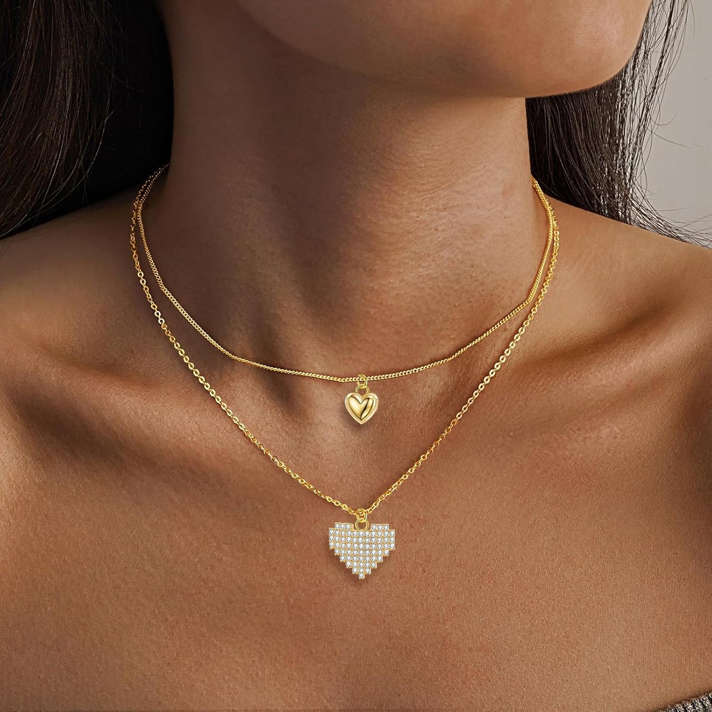 14K Gold & Platinum Plated Double Layer Pendant Necklace, Fashionable Layered Jewelry for Women