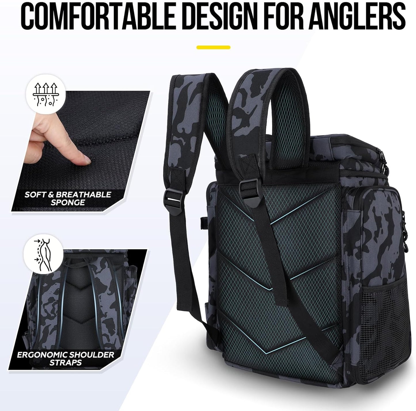 Fishing Backpack with Rod Holders Tackle Box, 42L Large Water-resistant Fishing Tackle Bag Store Fishing Gear