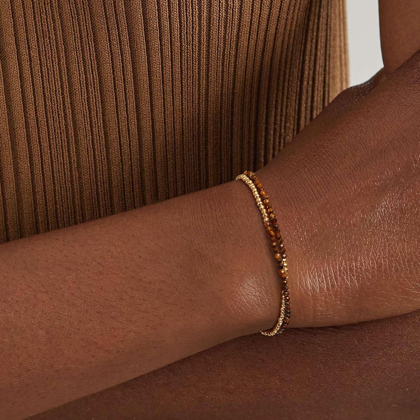 Women Beaded Bracelet Gold Double Layer Gemstone 14K Simple Dainty Handmade Chain Everyday Boho Beach Jewelry