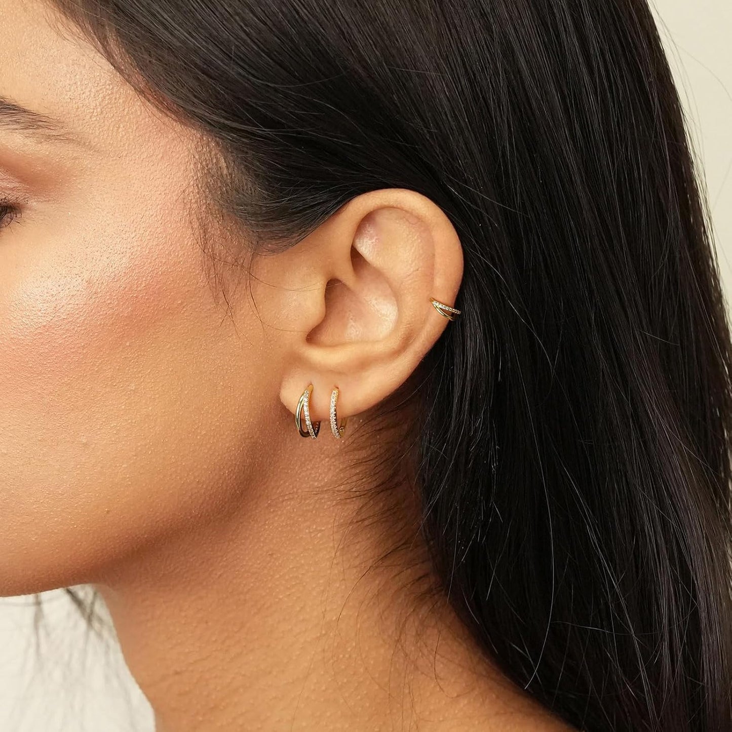 3 Pairs Small Gold Hoop Earring, 14K Gold Plated Earring Stacks Butterfly Heart Star Moon Bow Four Leaf Rhombus Round CZ Pearl