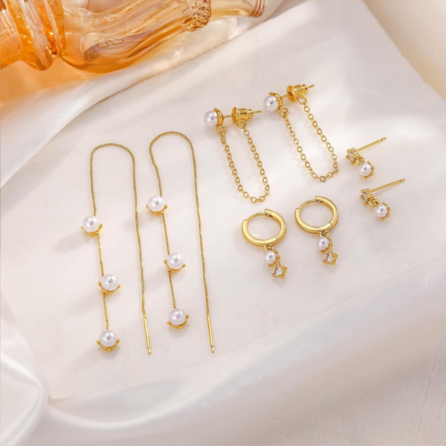 Pearl Dangle Hoop Earrings for Women - Dainty14K Gold Plated Small Drop Chain Hoops Trendy Earring Sets for
