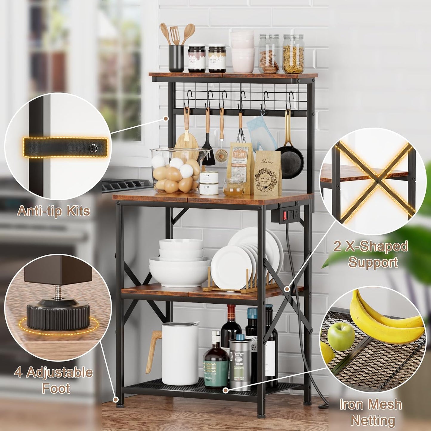 Coffee Bar Station with a 22inch Inch Desktop and 8 S Hooks,Kitchen Microwave Rack for Spices,Pots