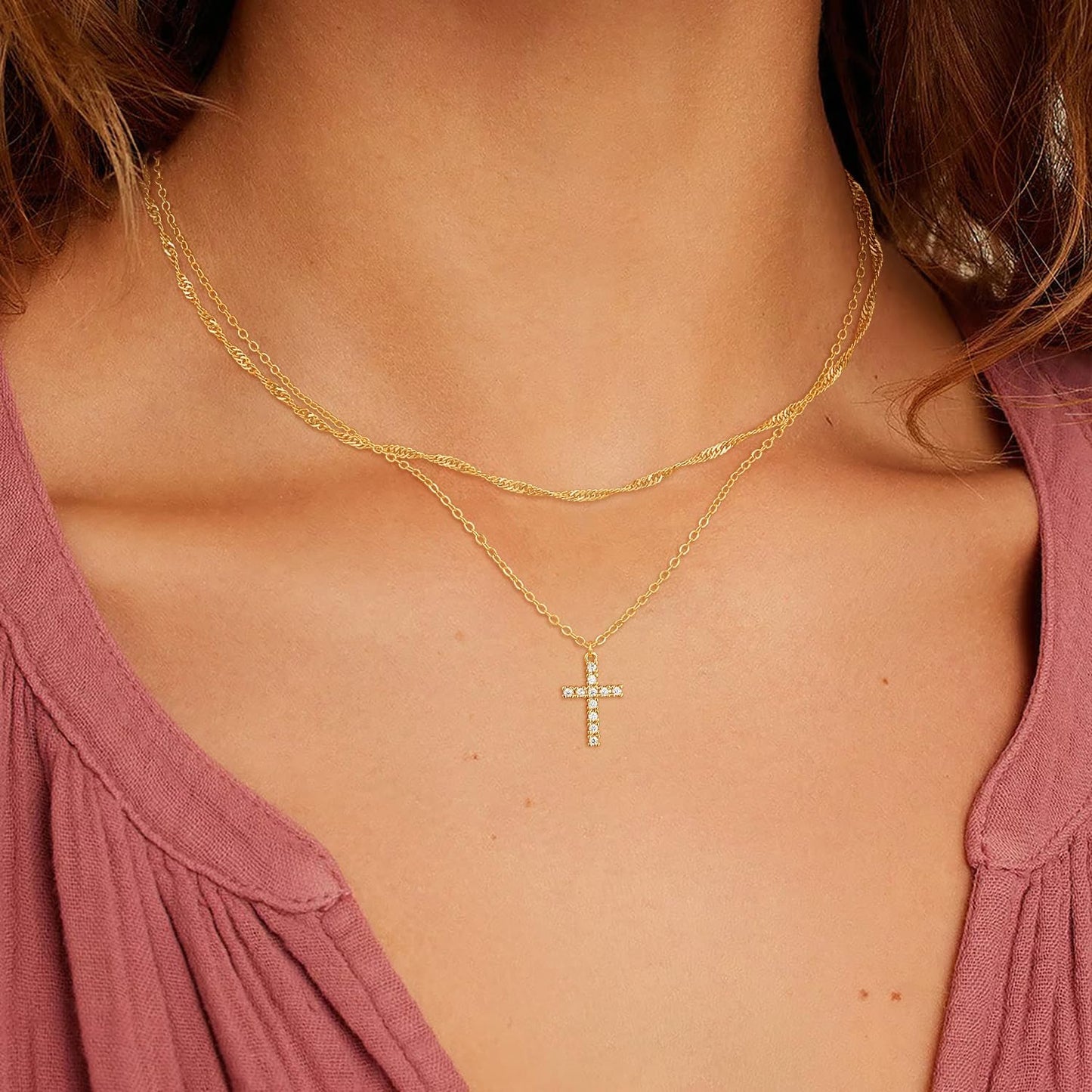 Dainty Layered Cross Necklace: 14K Gold Plated Real Silver Adjustable Choker Gift for Women and Teen Girls