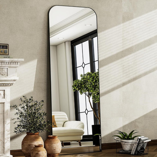 57"x20" Full Length Mirror, Black Rounded Corner Aluminum Frame Standing Mirror, Hanging