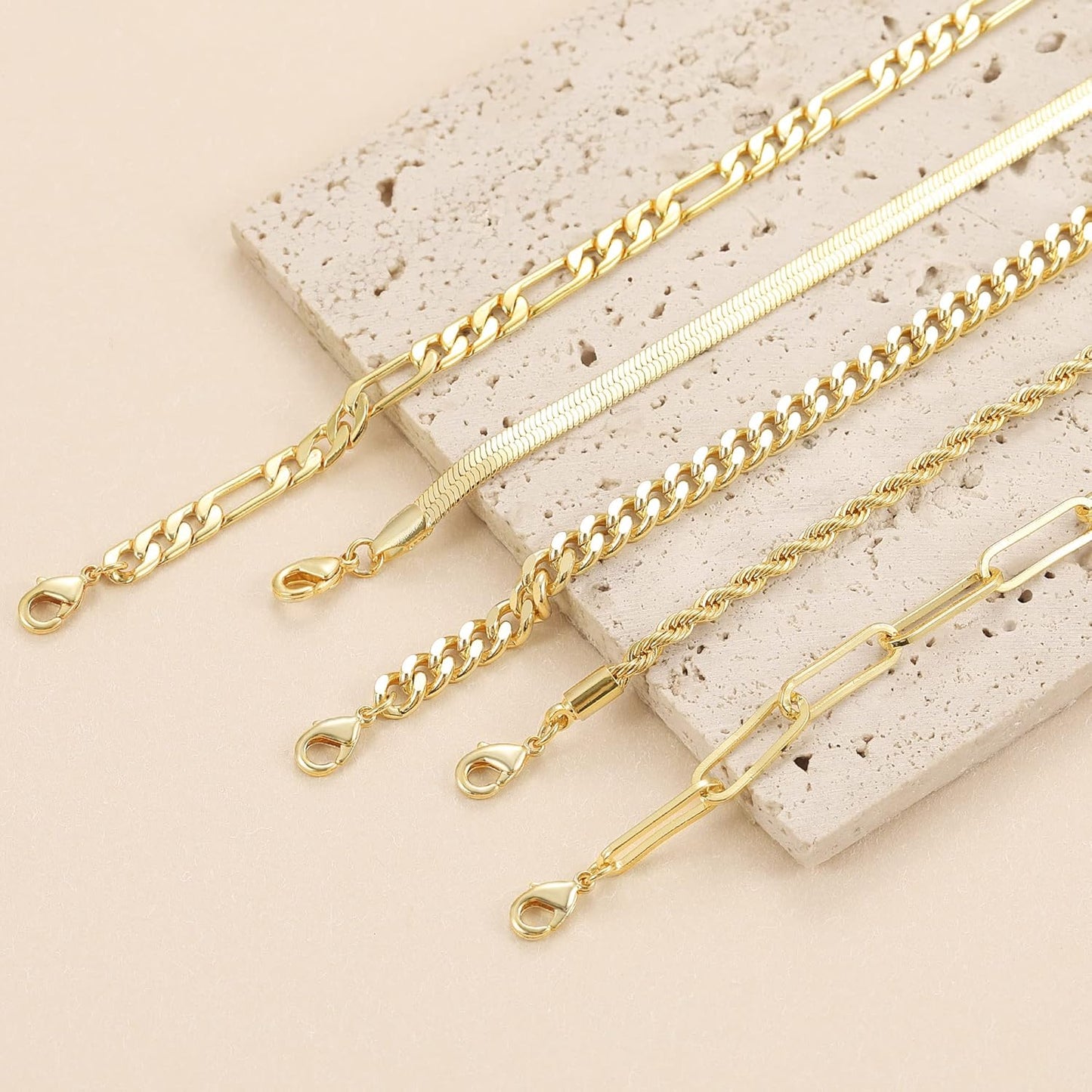 Gold Bracelets - Real 14K Women's Cute Tennis Cubic Beaded Link Paperclip Dainty Bracelet Pack
